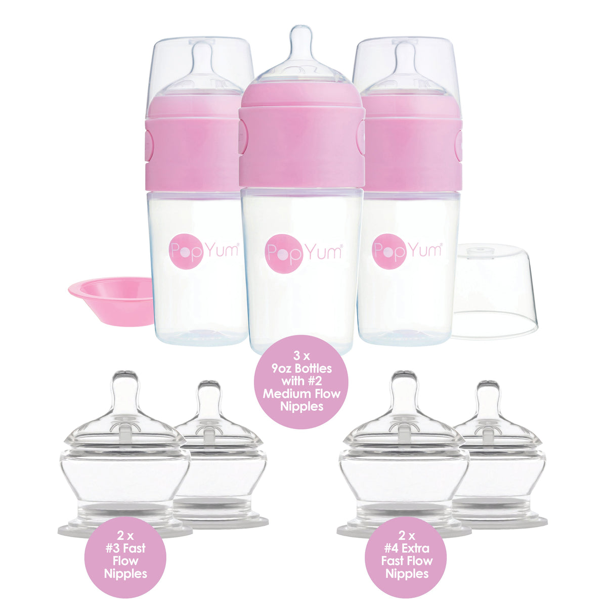 PopYum Pink 7 Piece Bundle: 9oz Bottle 3-Pack + 2 Nipple 2-Packs 4