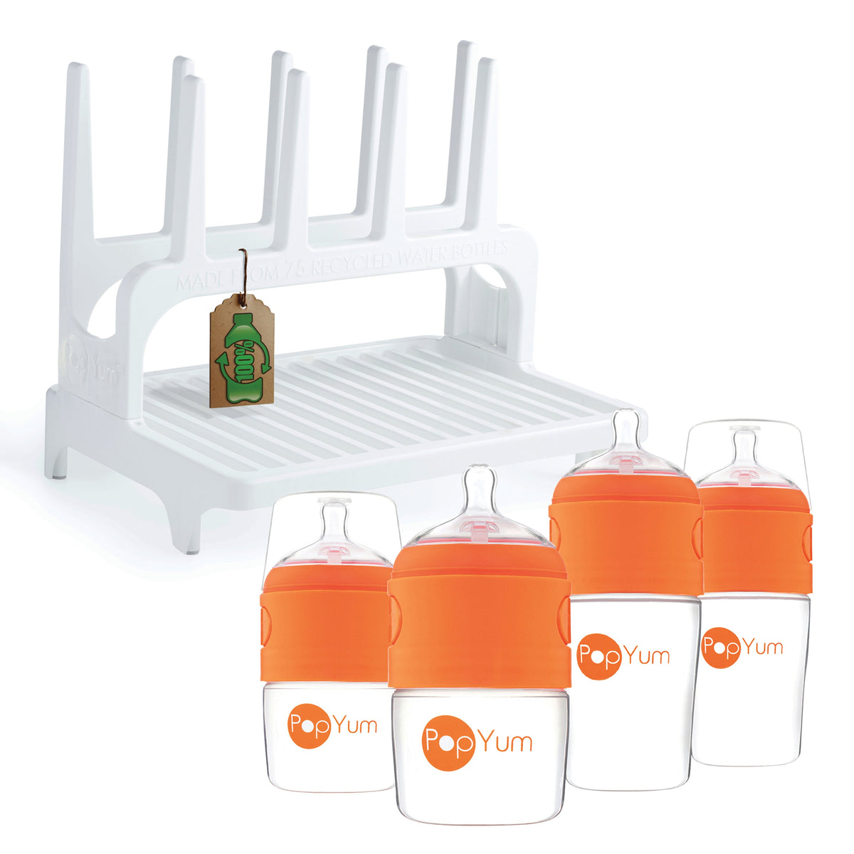 PopYum Orange Formula Making Baby Bottle 4-Pack Set with White Drying Rack Bundle 1