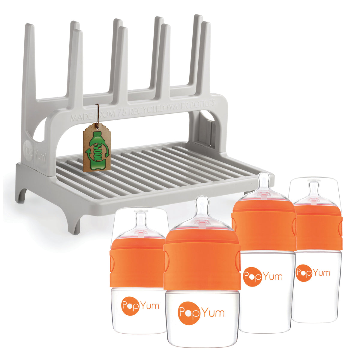 PopYum Orange Formula Making Baby Bottle 4-Pack Set with Gray Drying Rack Bundle 1