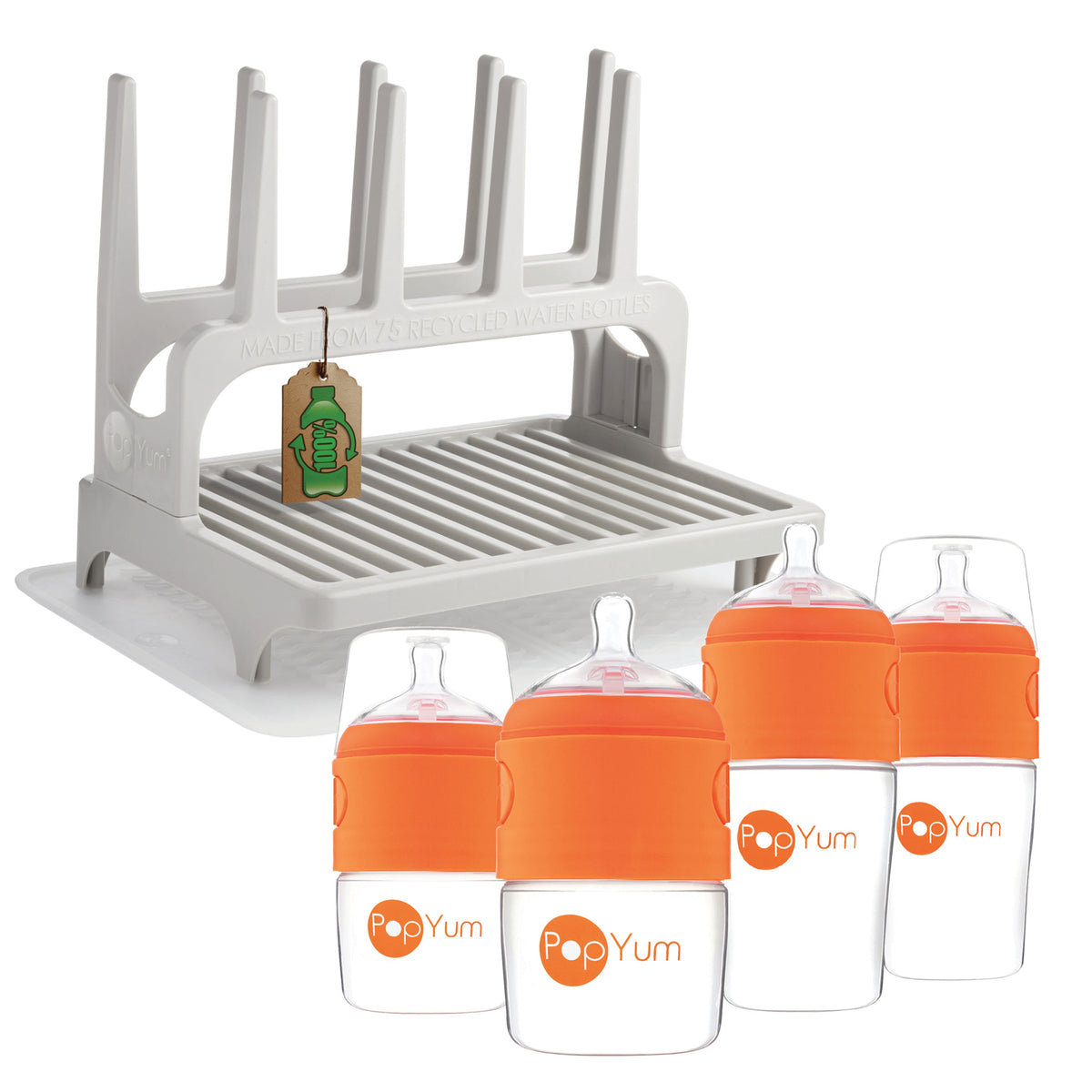 PopYum Orange Baby Bottle 4-Pack Set with Gray Drying Rack & Clear Drying Mat Bundle 1