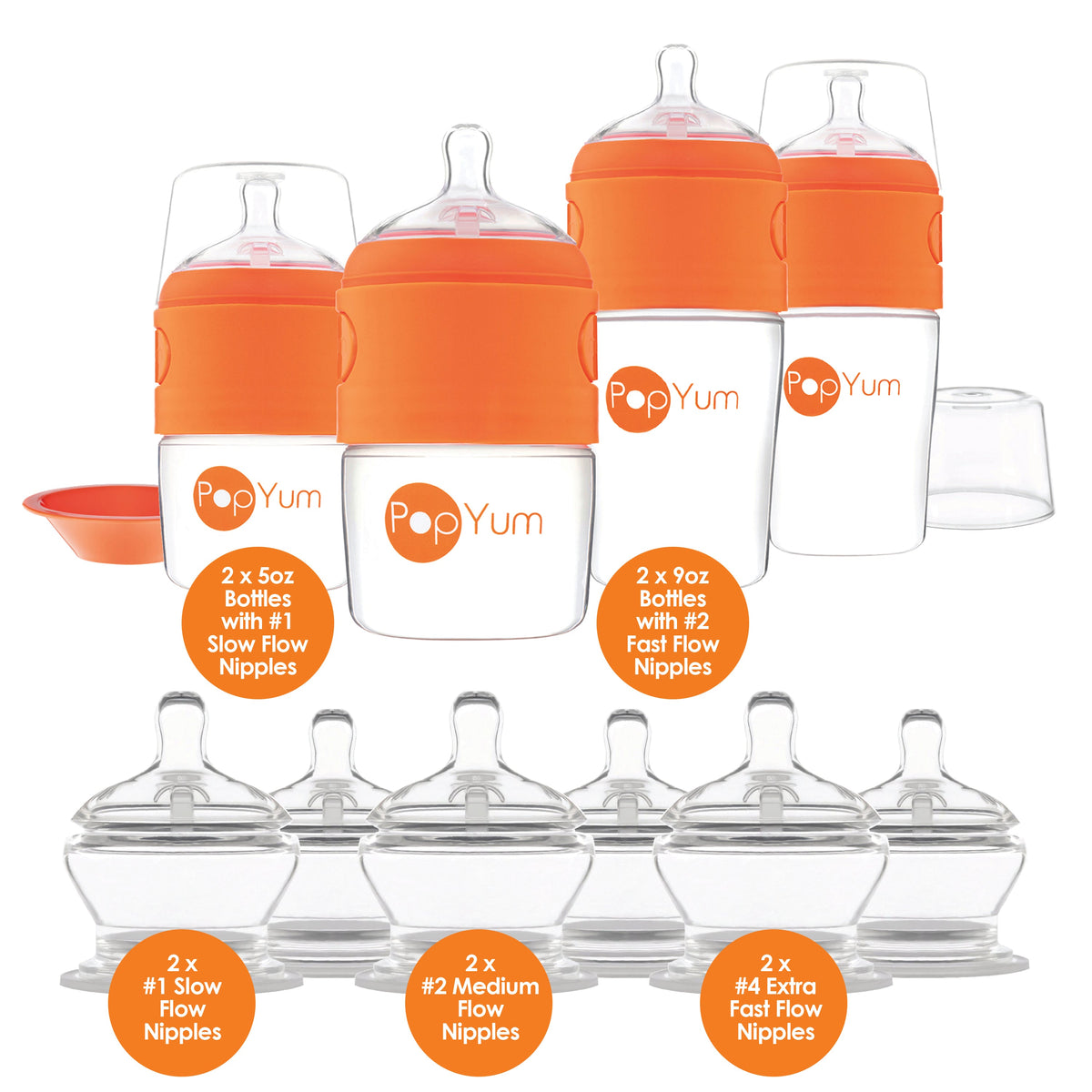 PopYum Orange 10 Piece Bundle: Bottle Set + 3 Nipple 2-Packs 4