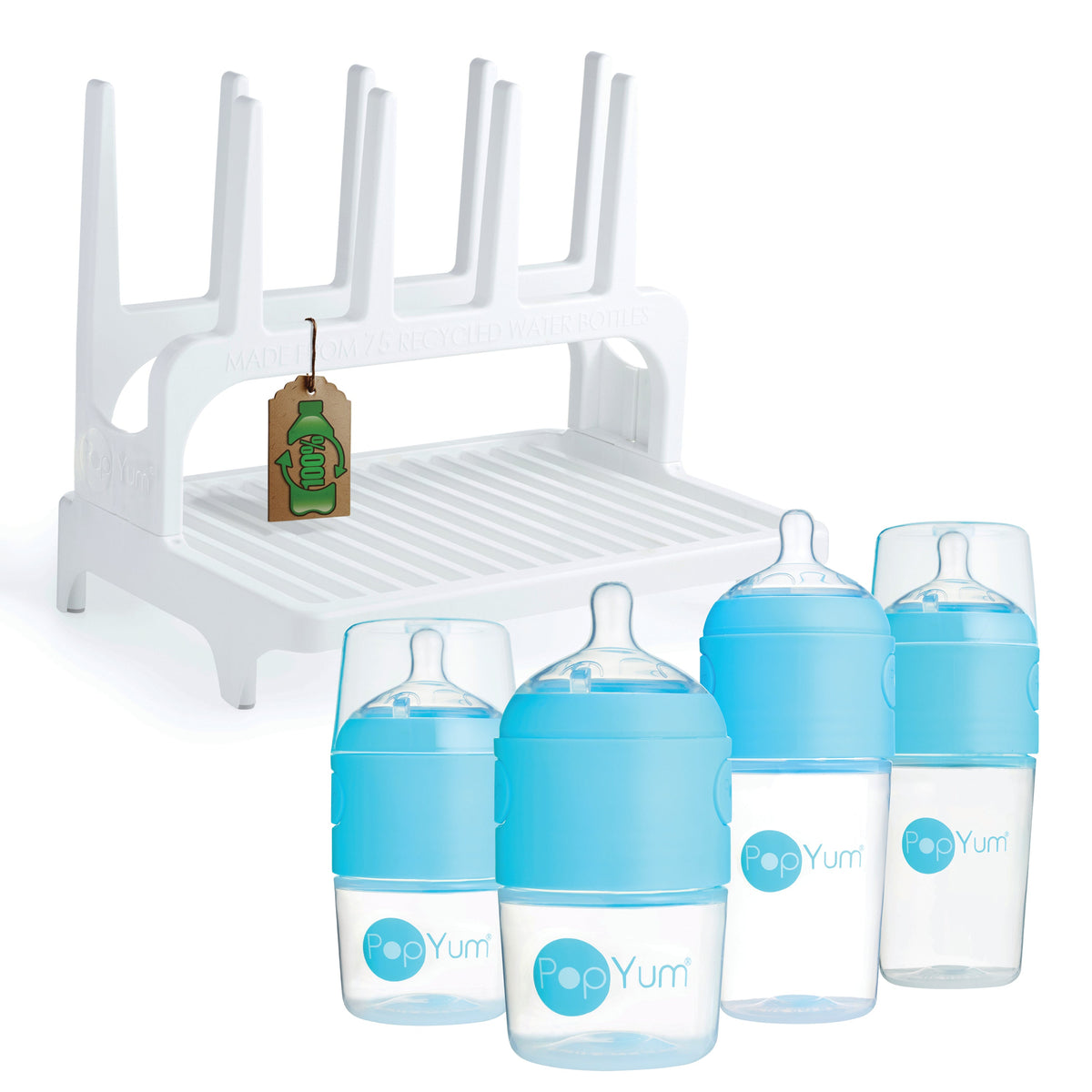 PopYum Blue Formula Making Baby Bottle 4-Pack Set with White Drying Rack Bundle 1
