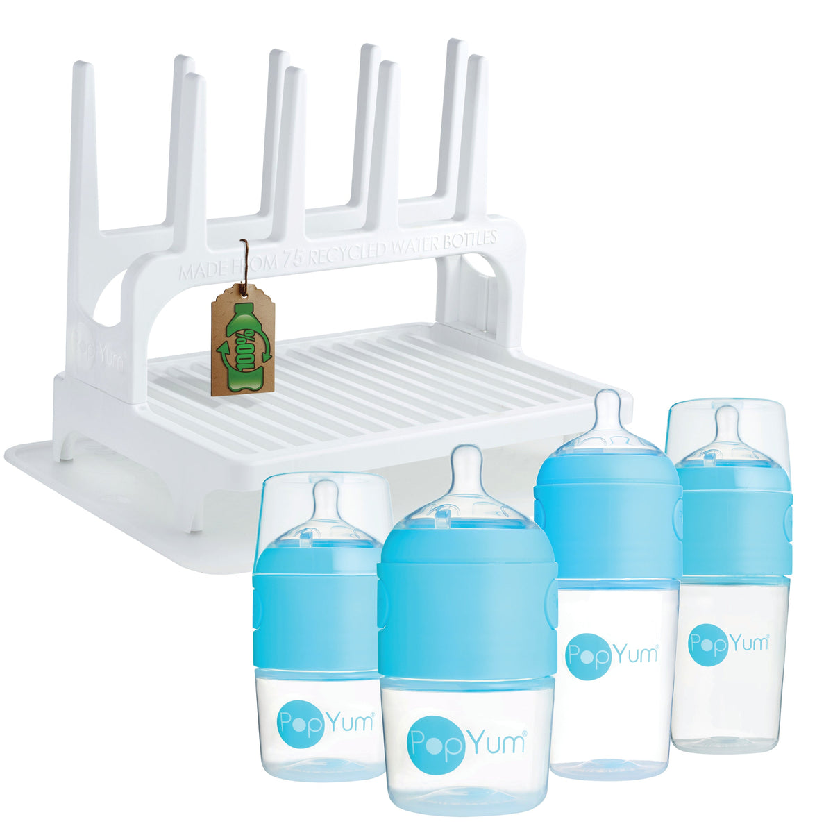 PopYum Blue Baby Bottle 4-Pack Set with White Drying Rack & Clear Drying Mat Bundle 1