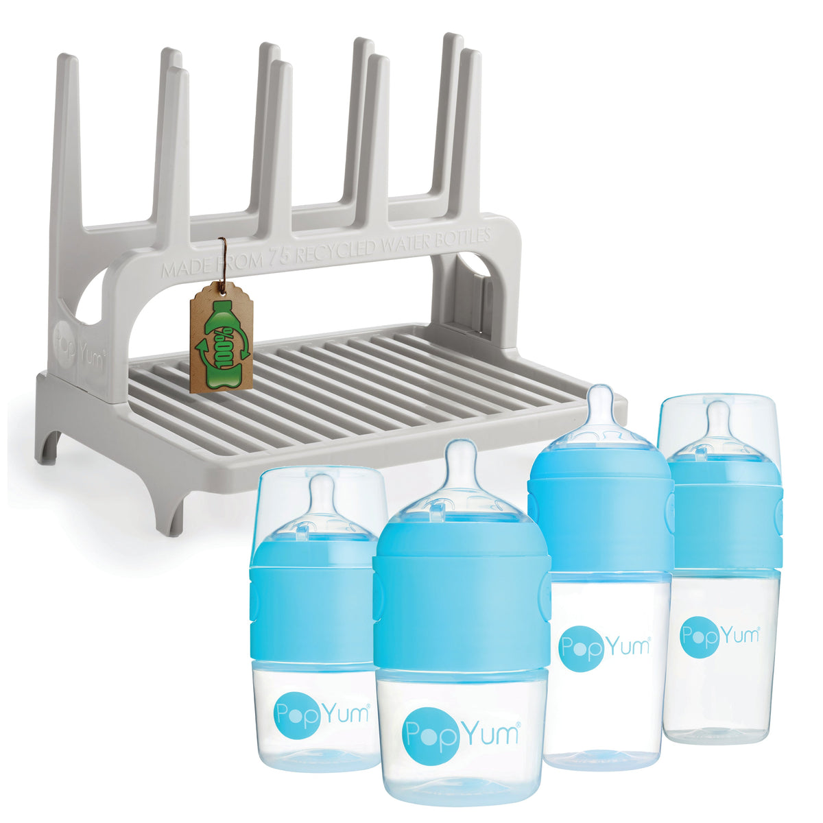 PopYum Blue Formula Making Baby Bottle 4-Pack Set with Gray Drying Rack Bundle 1