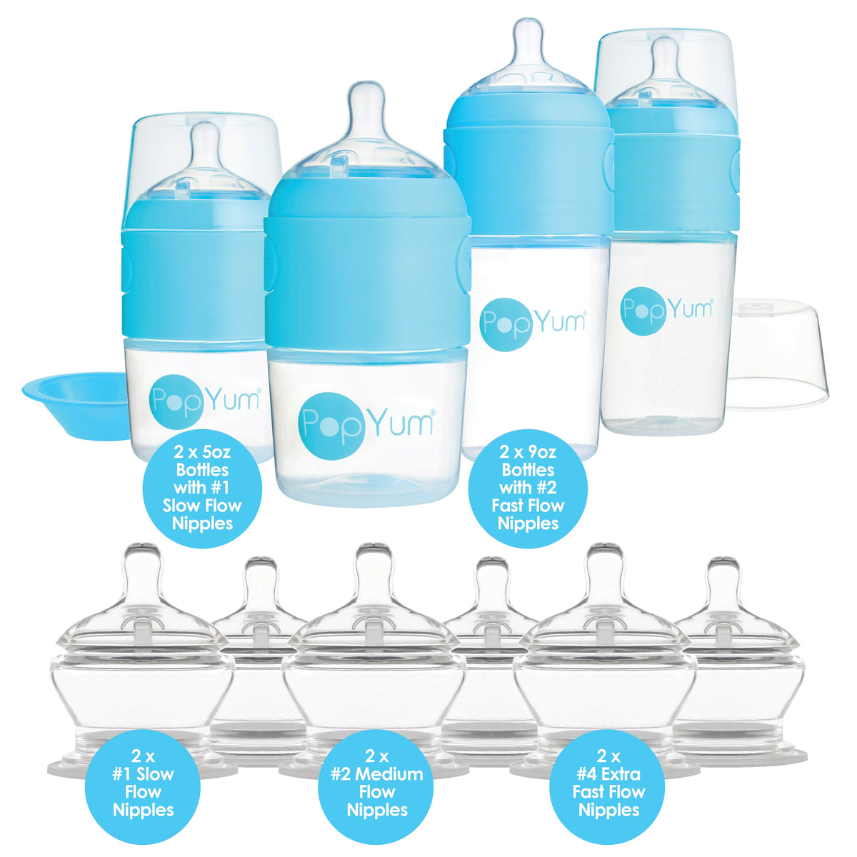 PopYum Blue 10 Piece Bundle: Bottle Set + 3 Nipple 2-Packs 4