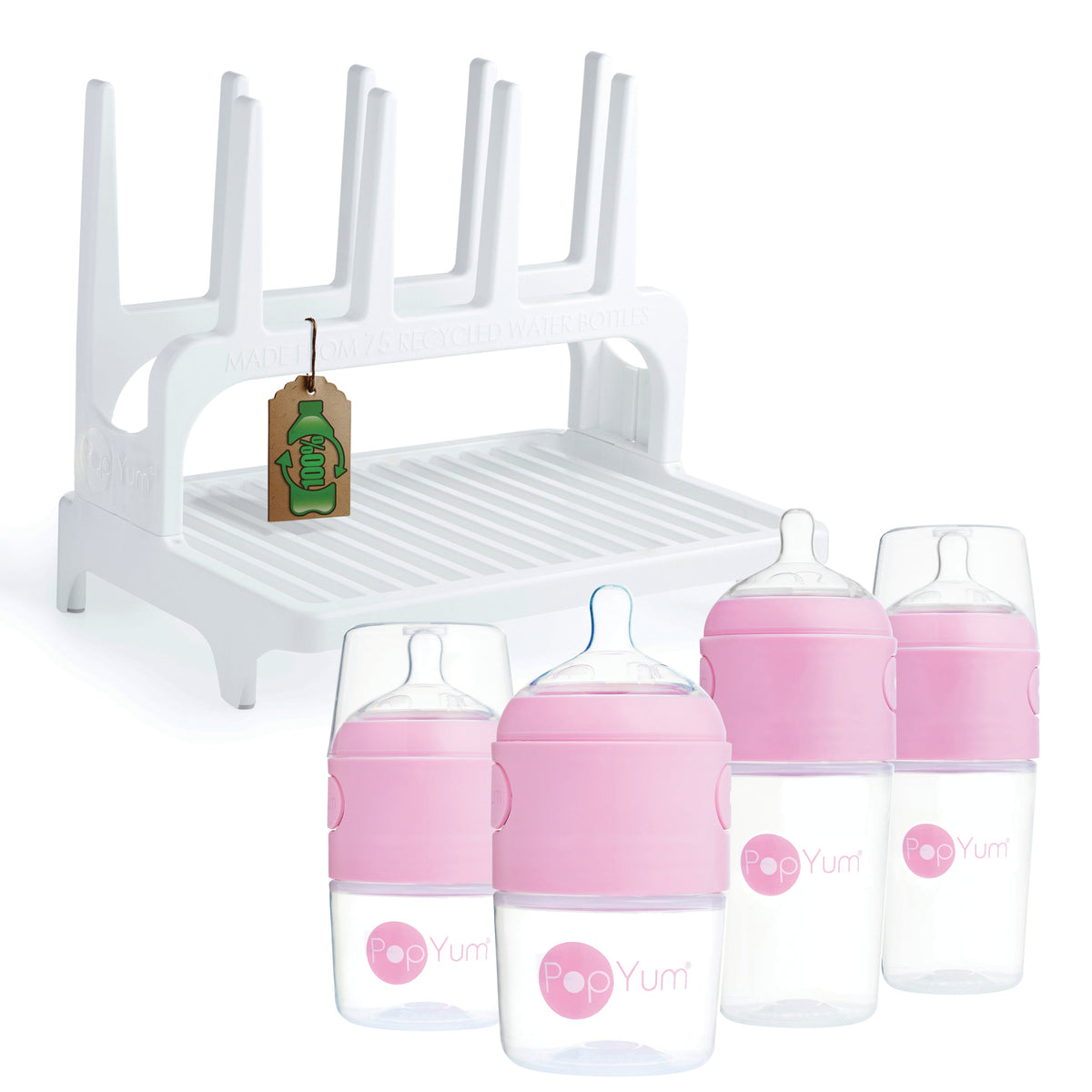 PopYum Pink Formula Making Baby Bottle 4-Pack Set with White Drying Rack Bundle 1