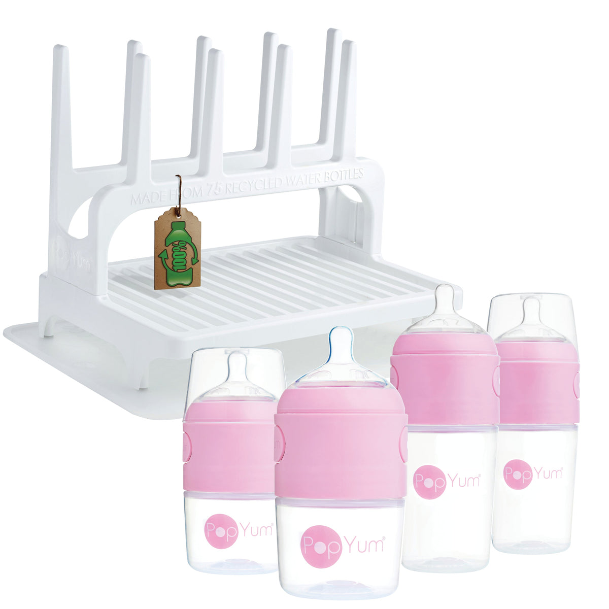 PopYum Pink Baby Bottle 4-Pack Set with White Drying Rack & Clear Drying Mat Bundle 1