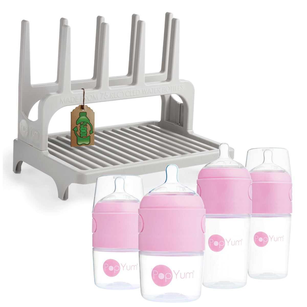 PopYum Pink Formula Making Baby Bottle 4-Pack Set with Gray Drying Rack Bundle 1