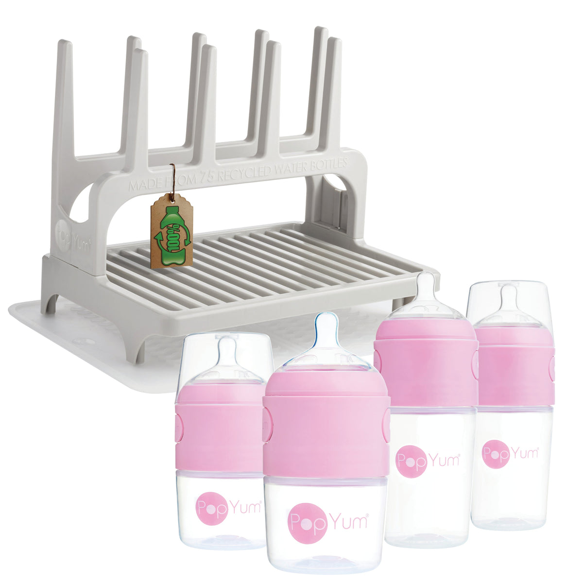 PopYum Pink Baby Bottle 4-Pack Set with Gray Drying Rack & Clear Drying Mat Bundle 1