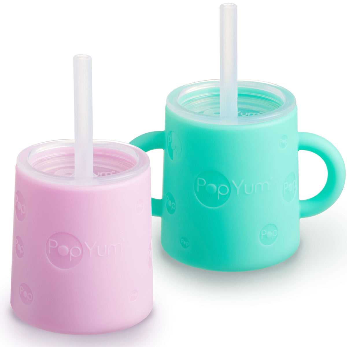 PopYum Silicone Training Cup with Straw + Lid, 2-Pack for Baby, Infant and Toddler, Tumbler, Sippy, handles, 5 ounce (green, pink) 1