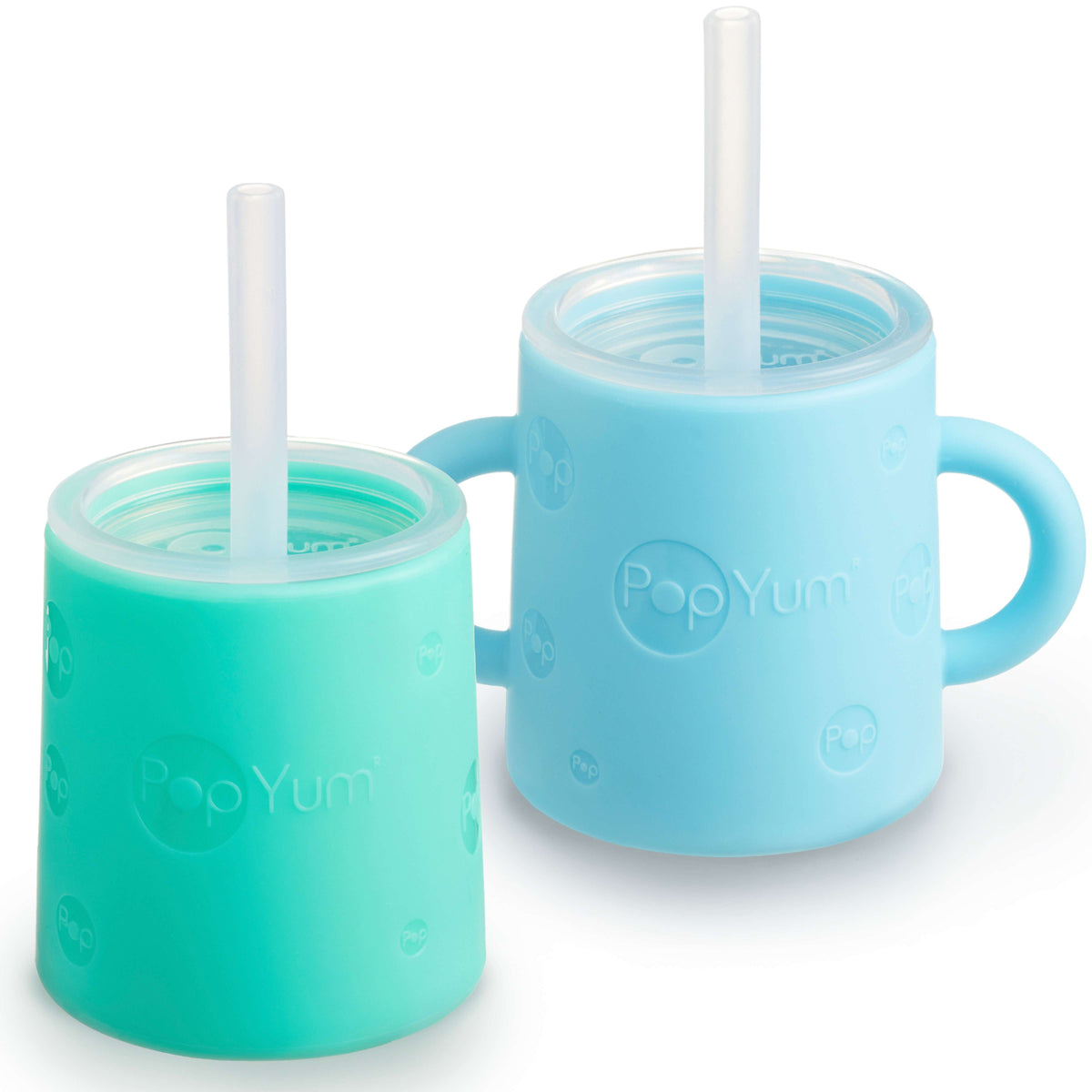 PopYum Silicone Training Cup with Straw Lid, 2-Pack for Baby, Infant and Toddler, Tumbler, Sippy, handles, 5 ounce (blue, green) 1