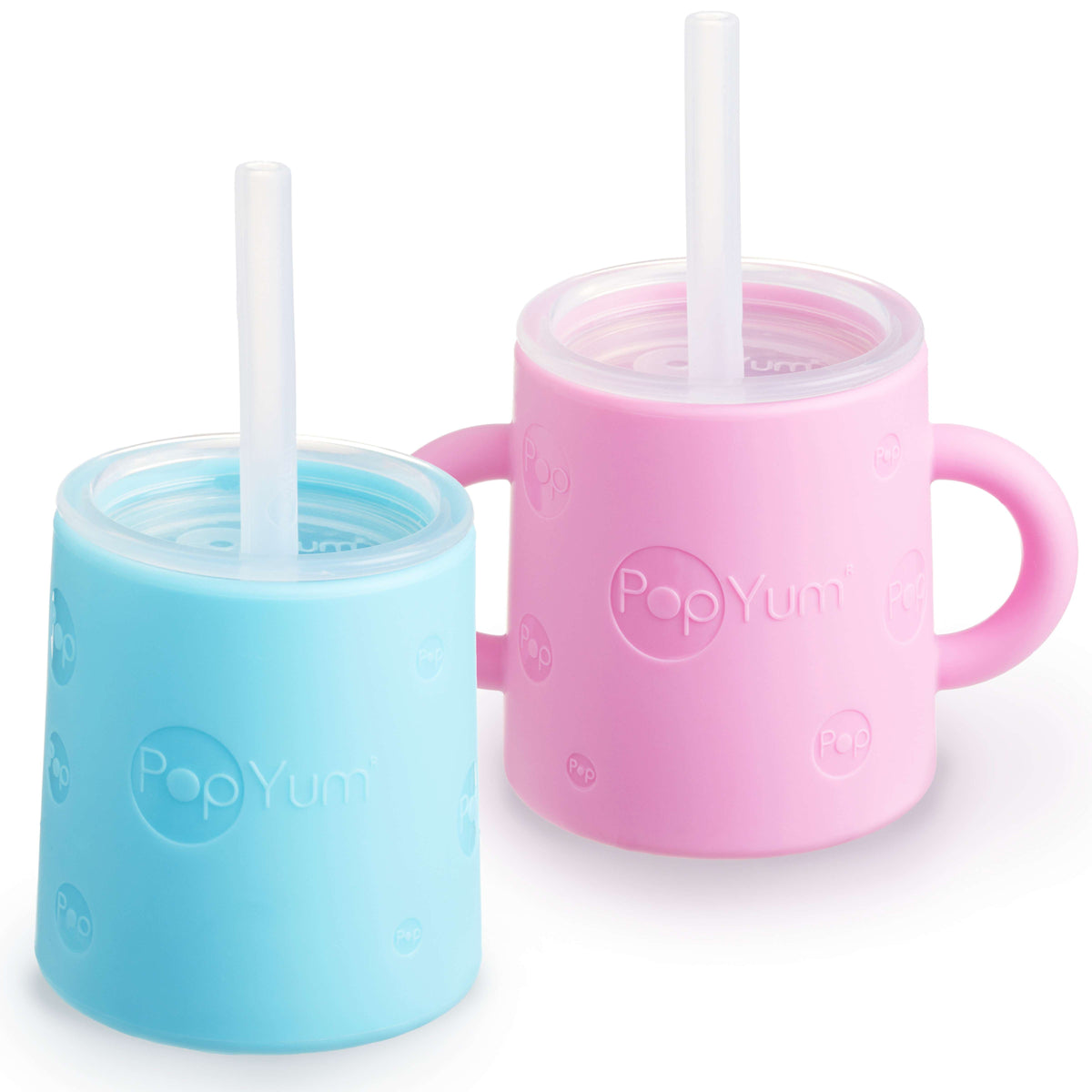 PopYum Silicone Training Cup with Straw Lid 2-Pack for Baby, Infant and Toddler, Tumbler, Sippy, handles, 5 ounce (blue, pink) 1