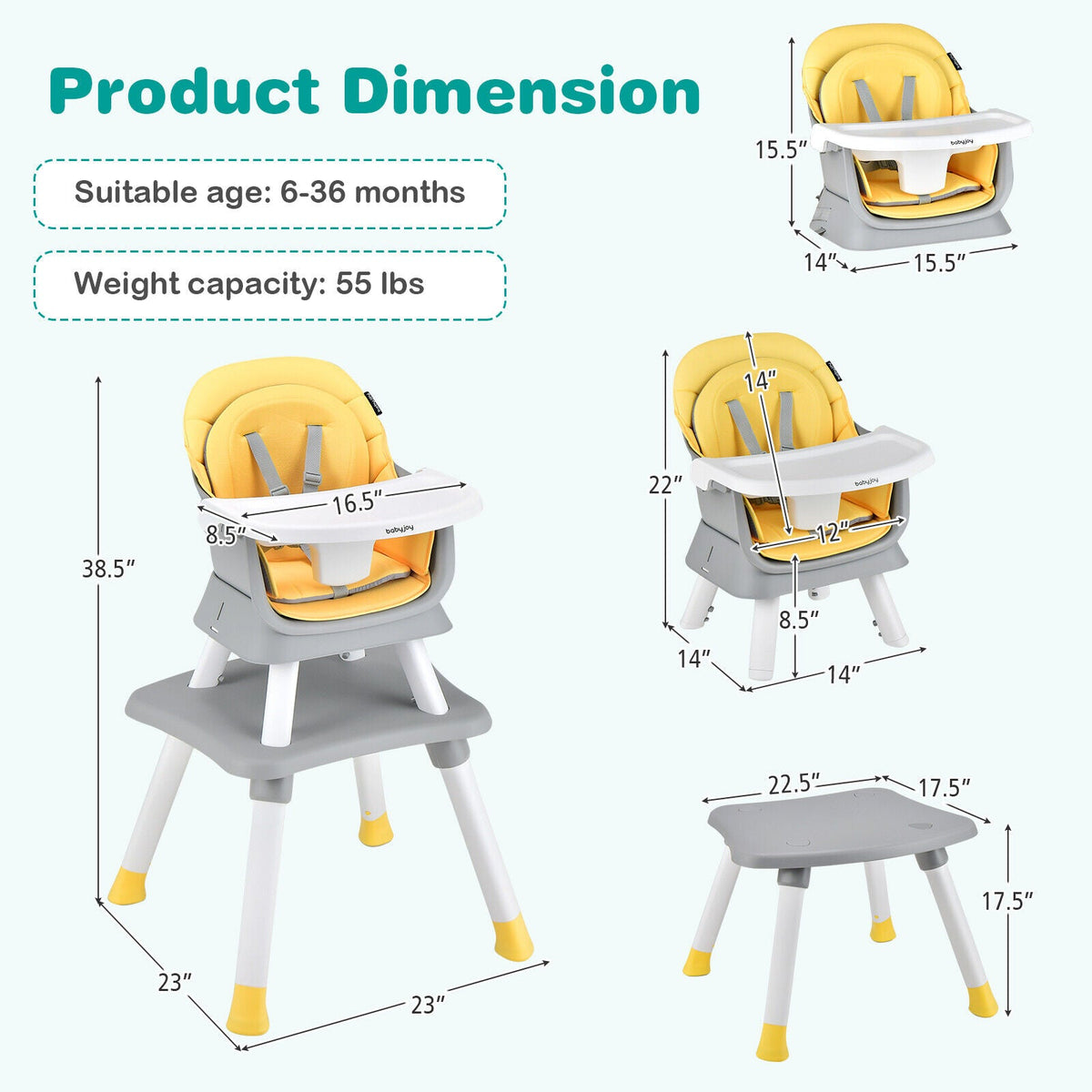 6-in-1 Convertible Baby High Chair with Adjustable Removable Tray 13