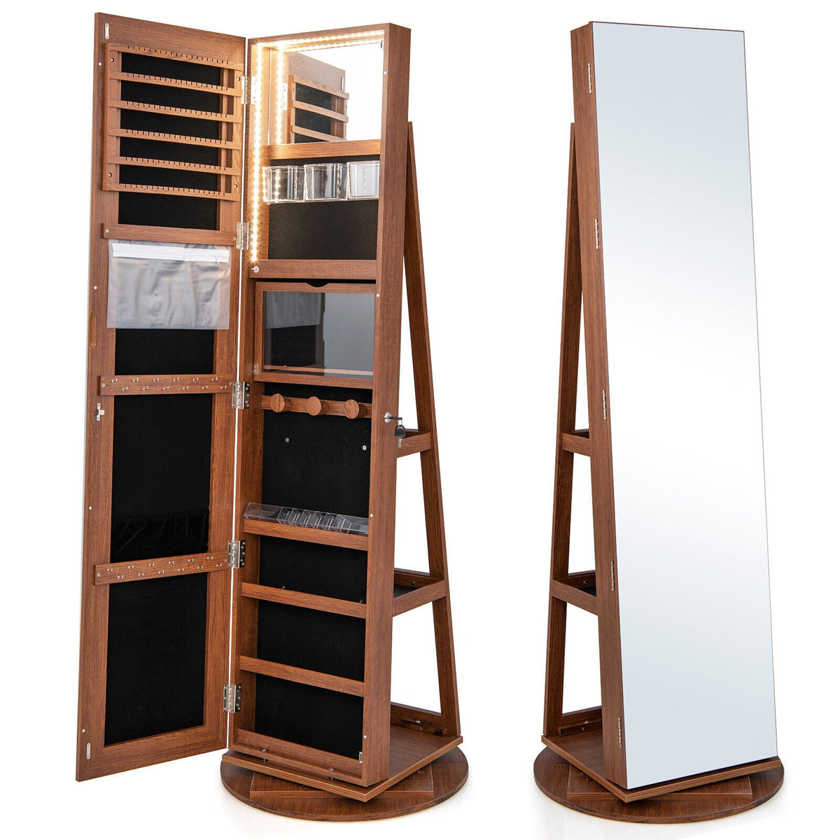 360° Rotating Mirrored Jewelry Cabinet Armoire 3 Color LED Modes Lockable 3