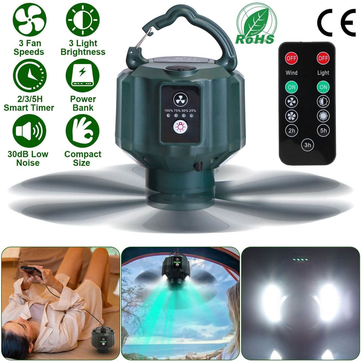 10400mAh USB Battery Powered Hanging Tent Lantern Fan Power Bank 5