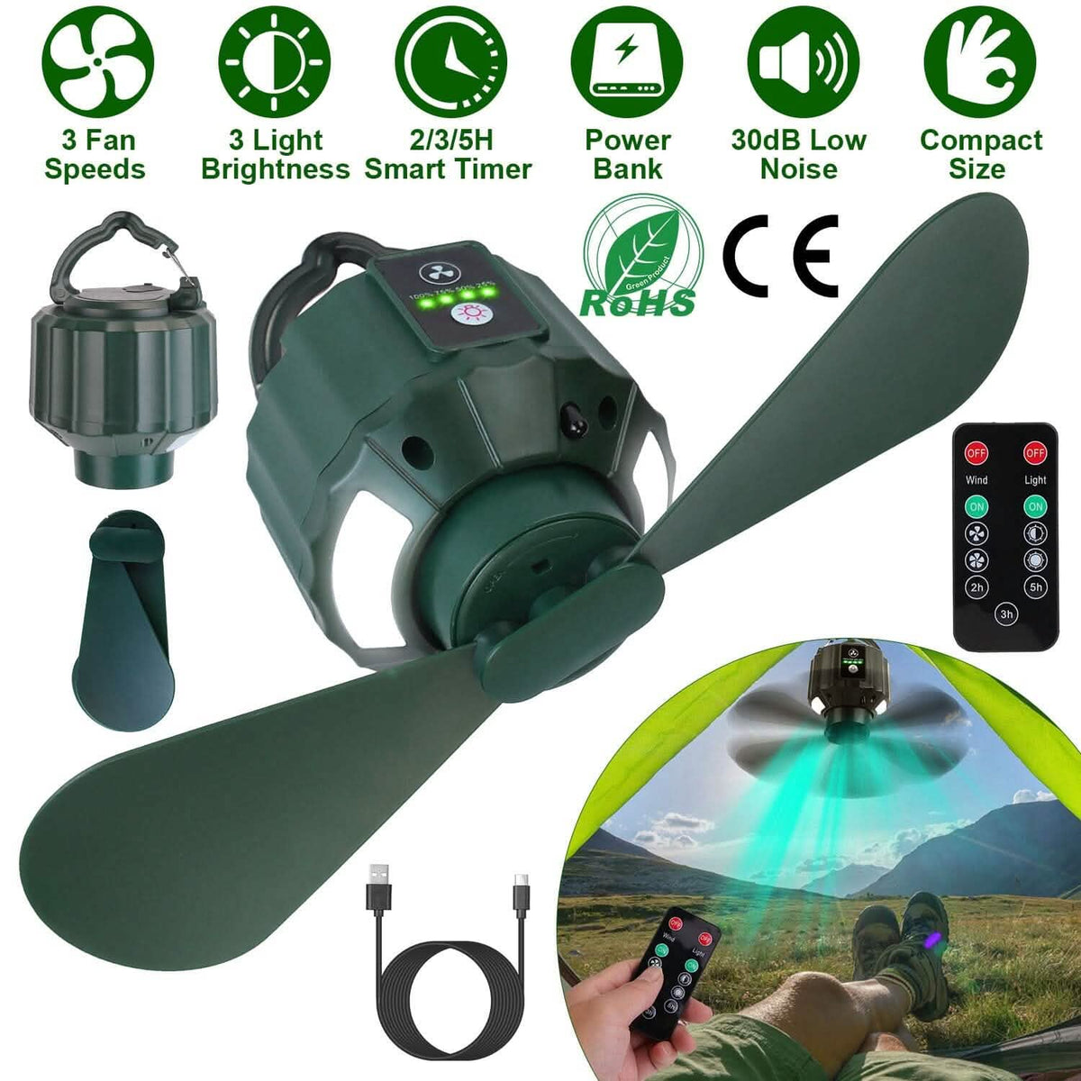 10400mAh USB Battery Powered Hanging Tent Lantern Fan Power Bank 6