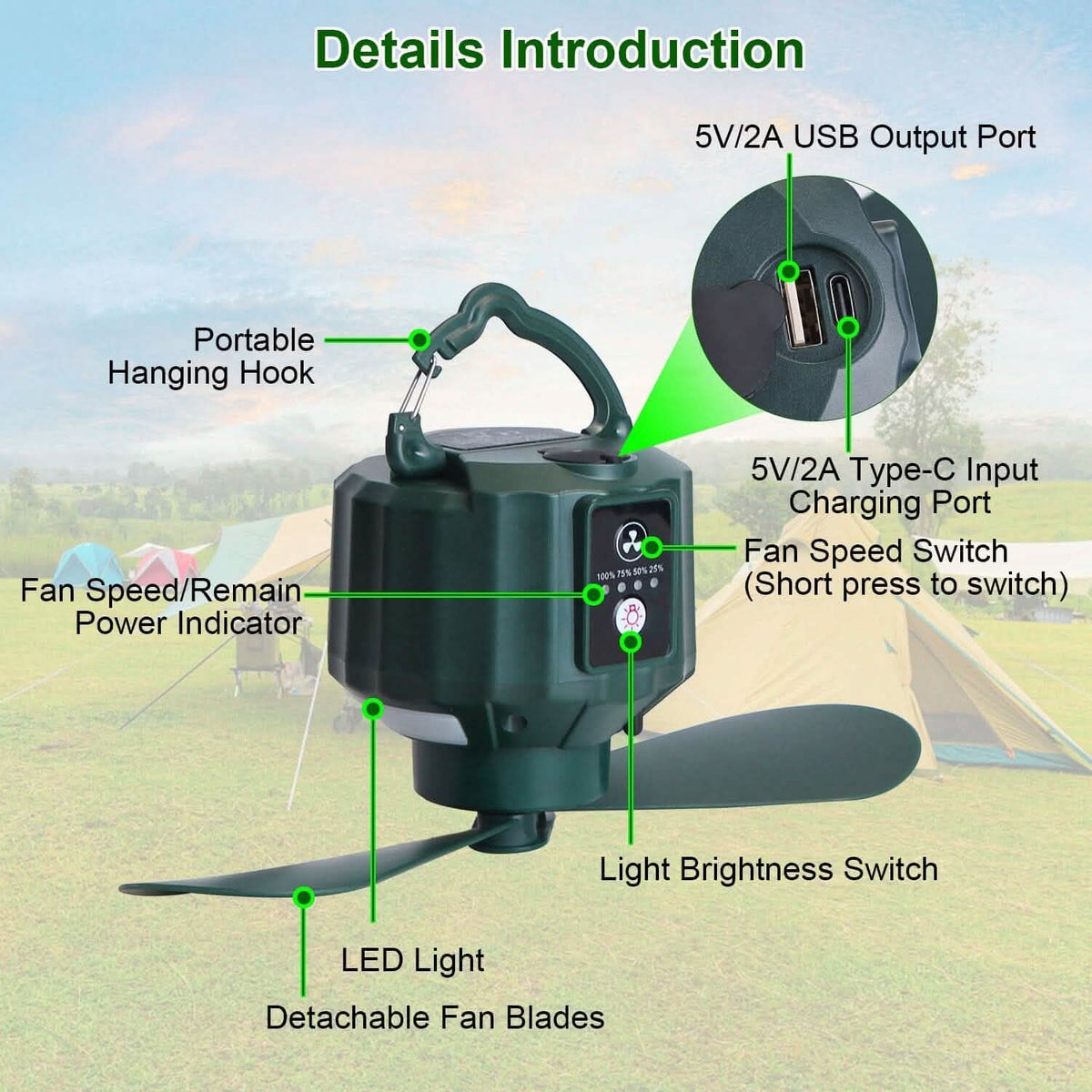 10400mAh USB Battery Powered Hanging Tent Lantern Fan Power Bank 10