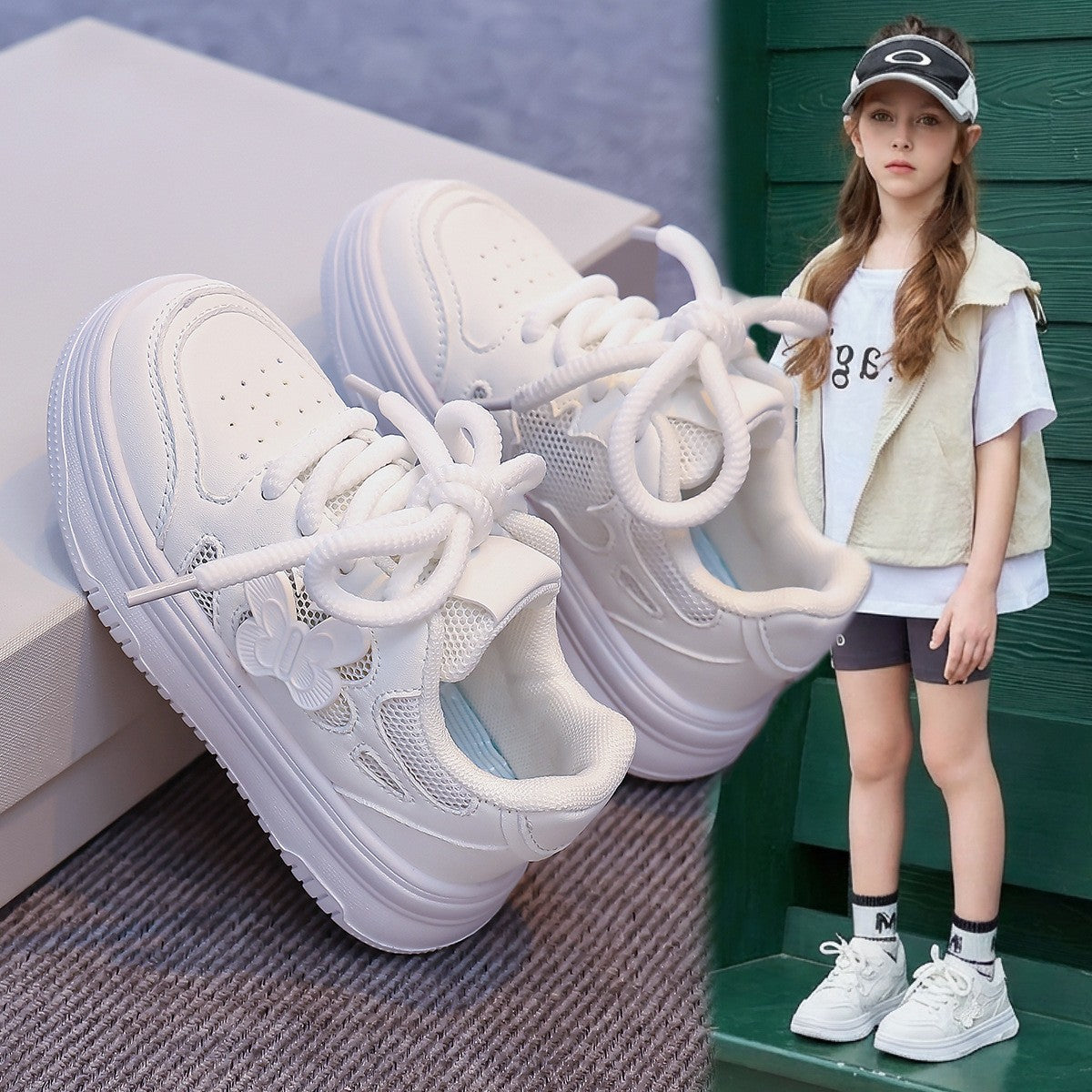 2026 Spring Summer Kids Skate Shoes, Breathable Mesh White Sneakers For Girls, Lightweight Versatile Performance & Running Shoes 1