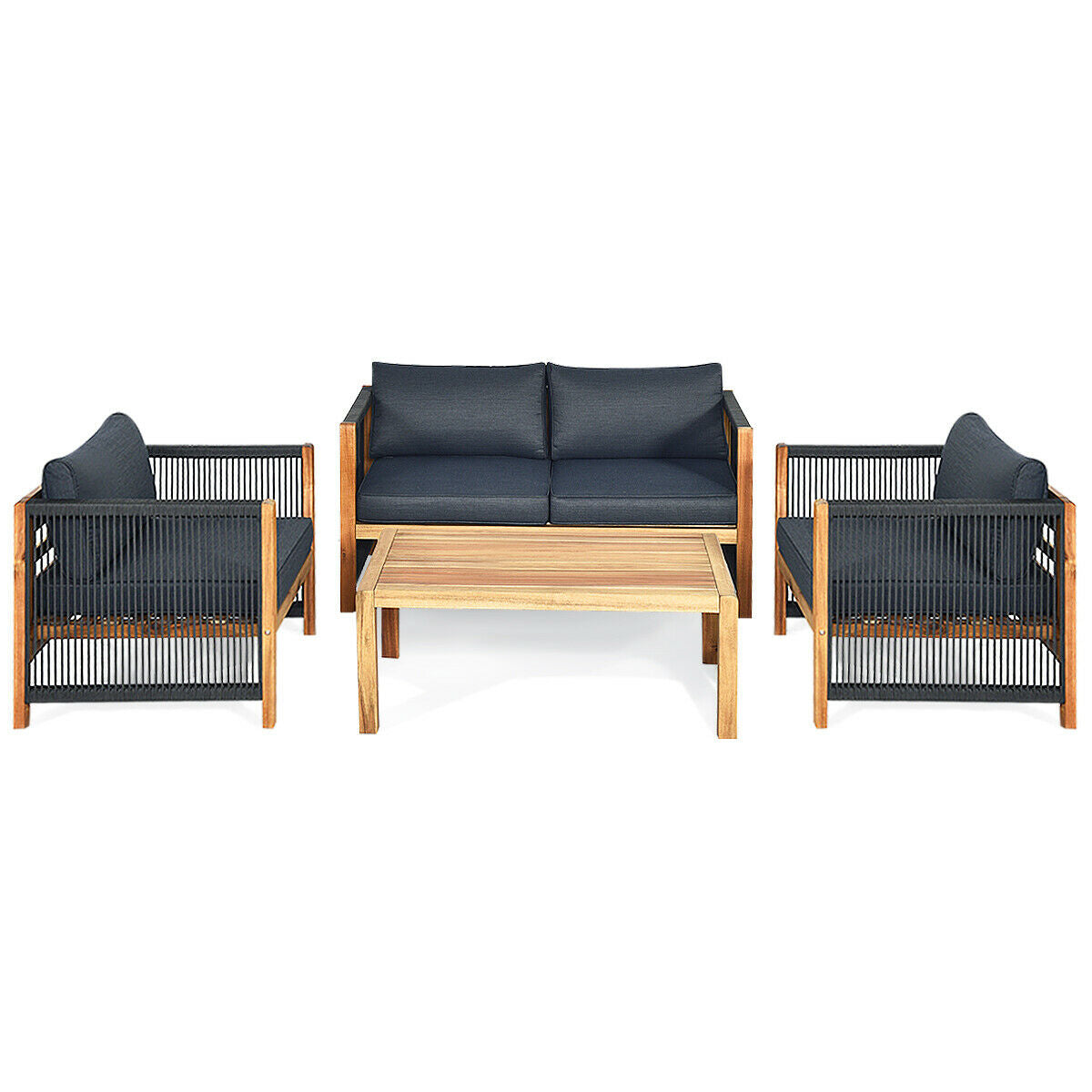 4 Pieces Acacia Wood Outdoor Patio Furniture Set with Cushions 8