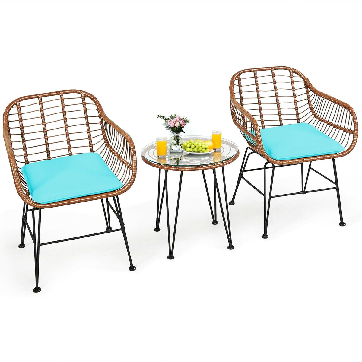 3-Piece Rattan Bistro Set with Cushions and Glass Table 16