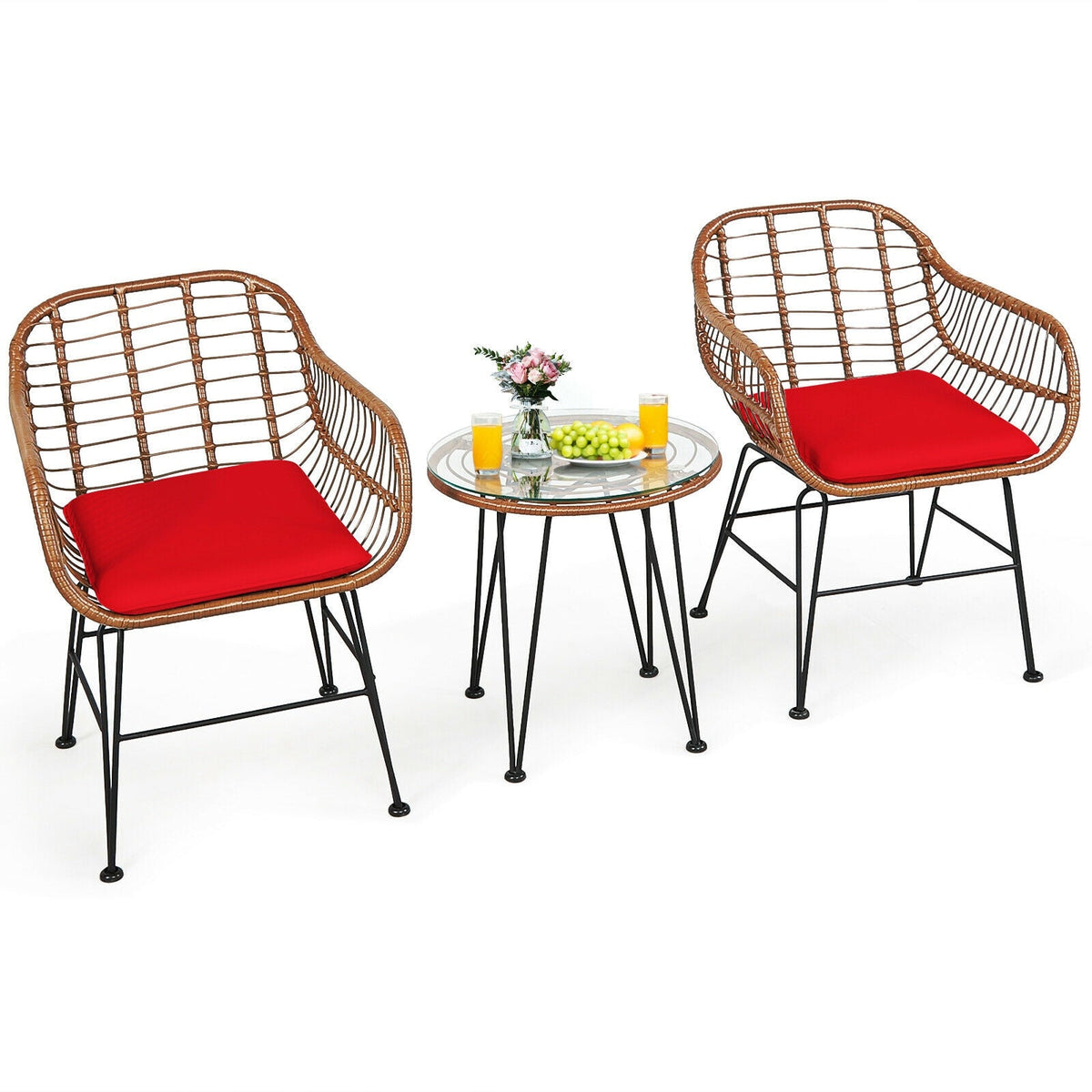3-Piece Rattan Bistro Set with Cushions and Glass Table 24