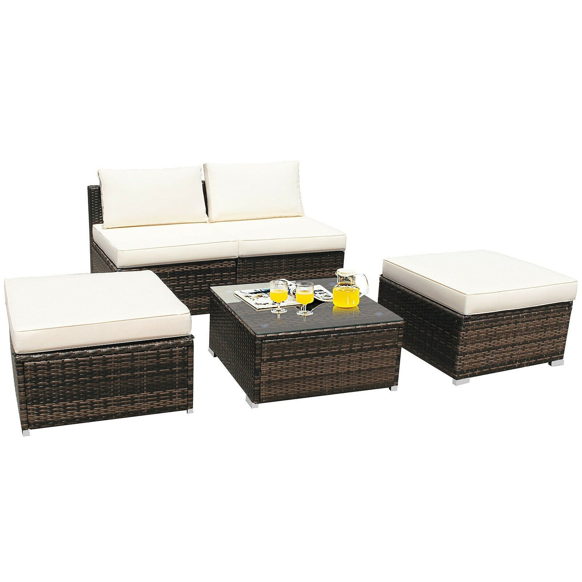 5 Pieces Patio Rattan Furniture Set with Cushioned Armless Sofa 8