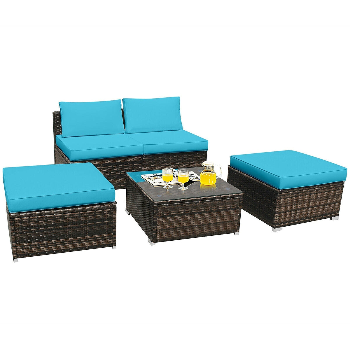 5 Pieces Patio Rattan Furniture Set with Cushioned Armless Sofa 10