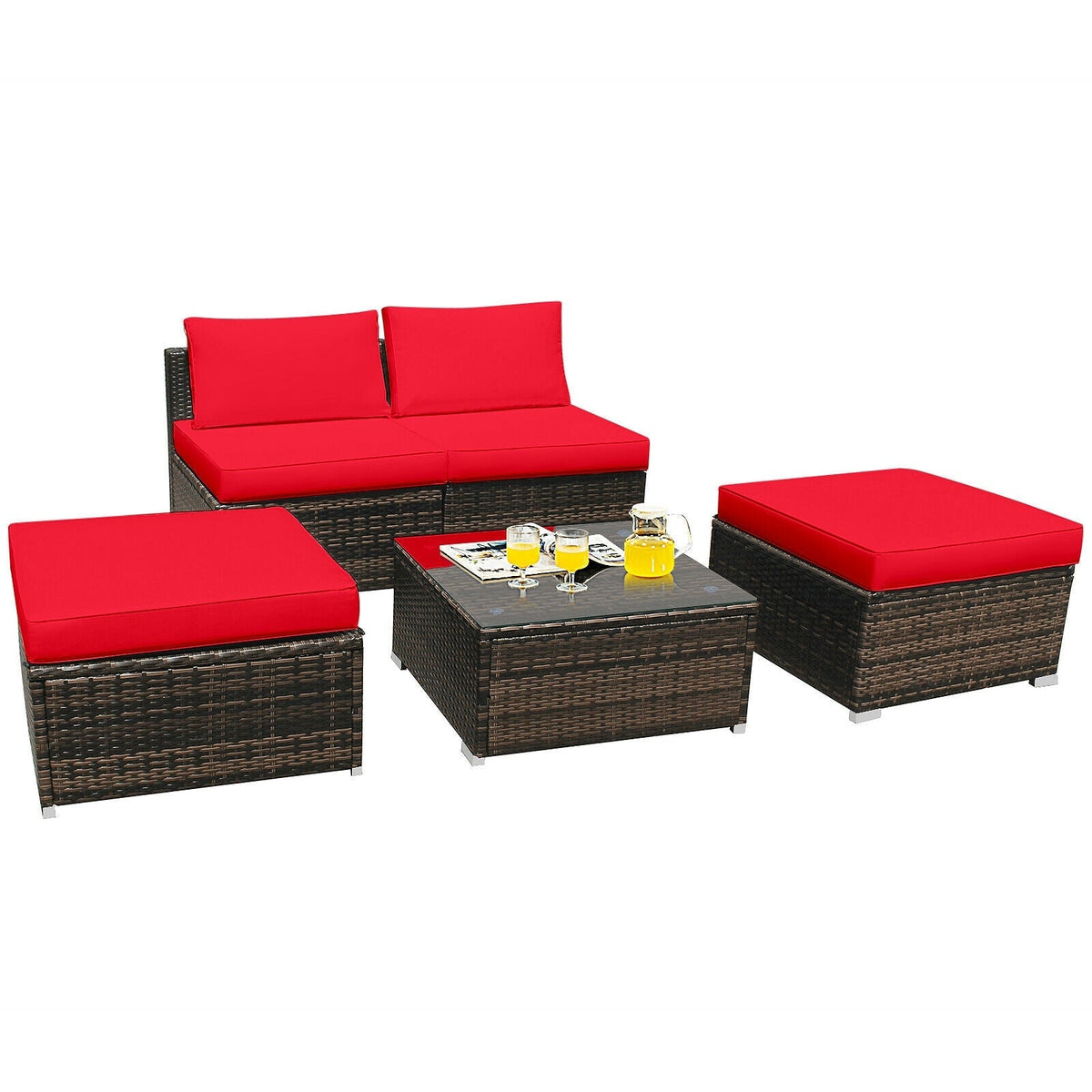 5 Pieces Patio Rattan Furniture Set with Cushioned Armless Sofa 9