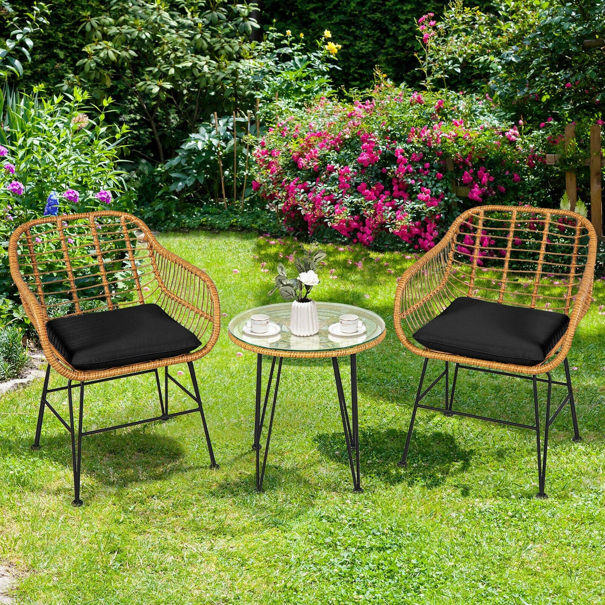3 Pieces Rattan Furniture Set with Cushioned Chair Table 4
