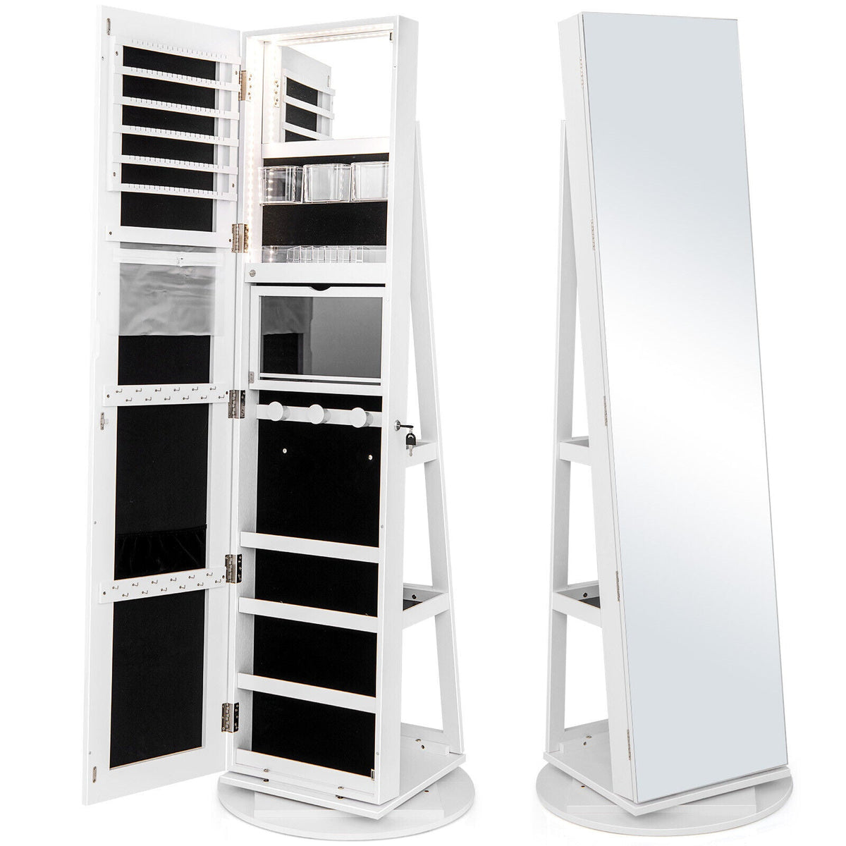 360° Rotating Mirrored Jewelry Cabinet Armoire 3 Color LED Modes Lockable 14