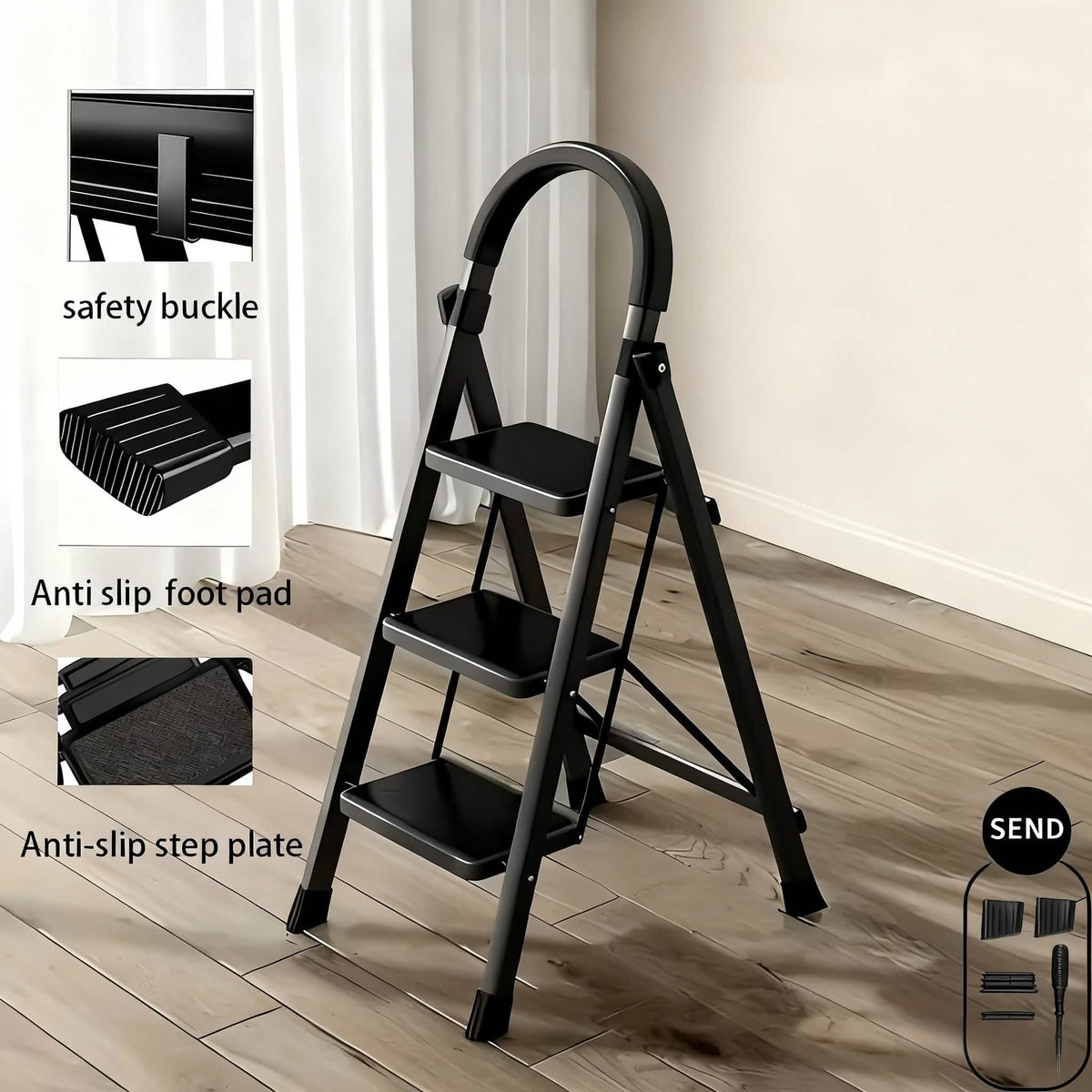 Folding 3/4-Step Ladder – Portable Steel Step Stool, Anti-Slip 10