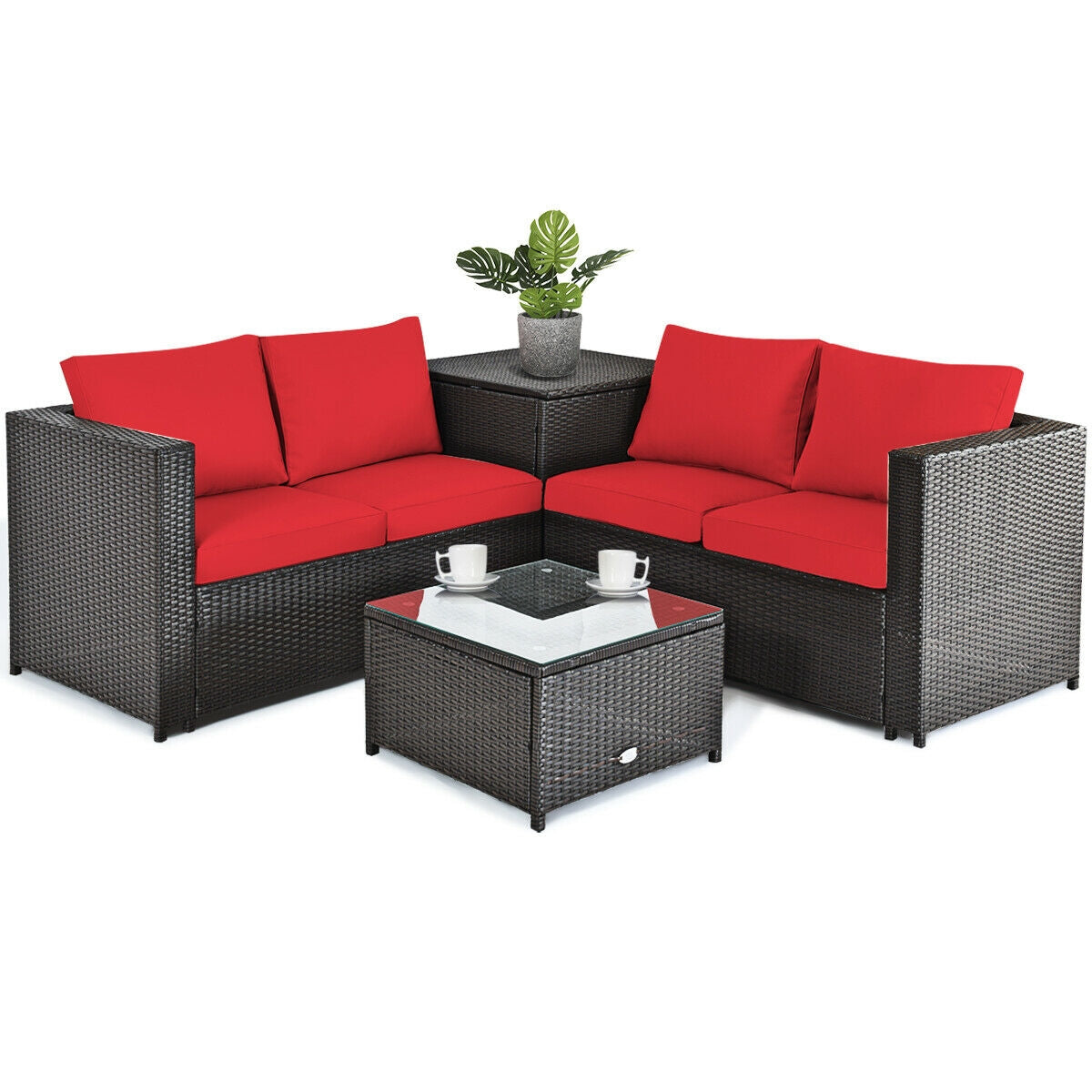 4 Pieces Outdoor Patio Rattan Furniture Set with 3