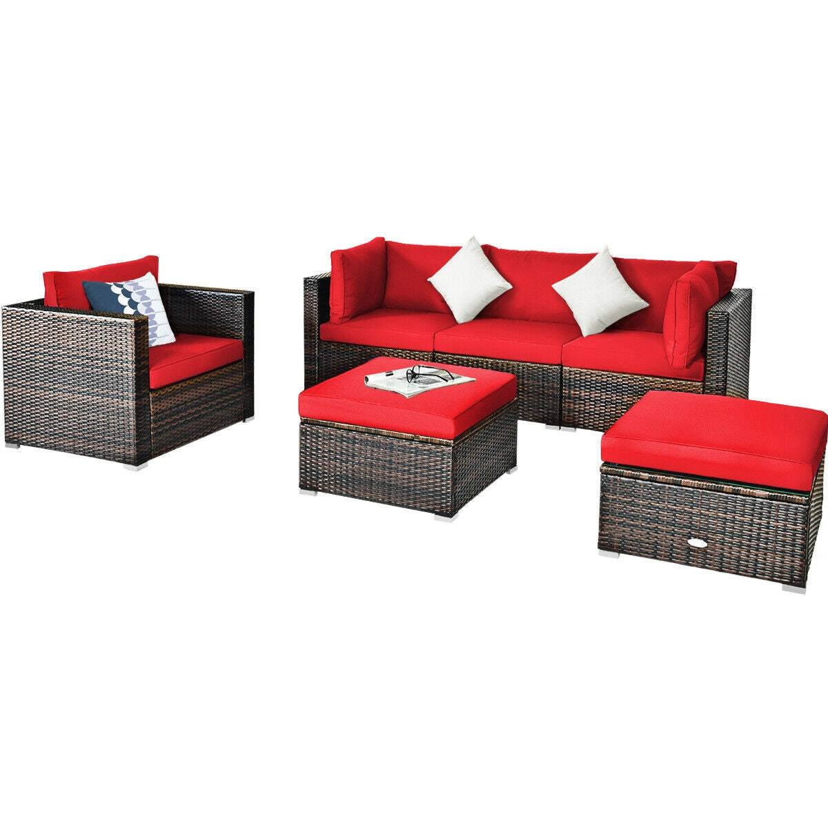 6 Pcs Patio Rattan Furniture Set with Sectional Cushion 12