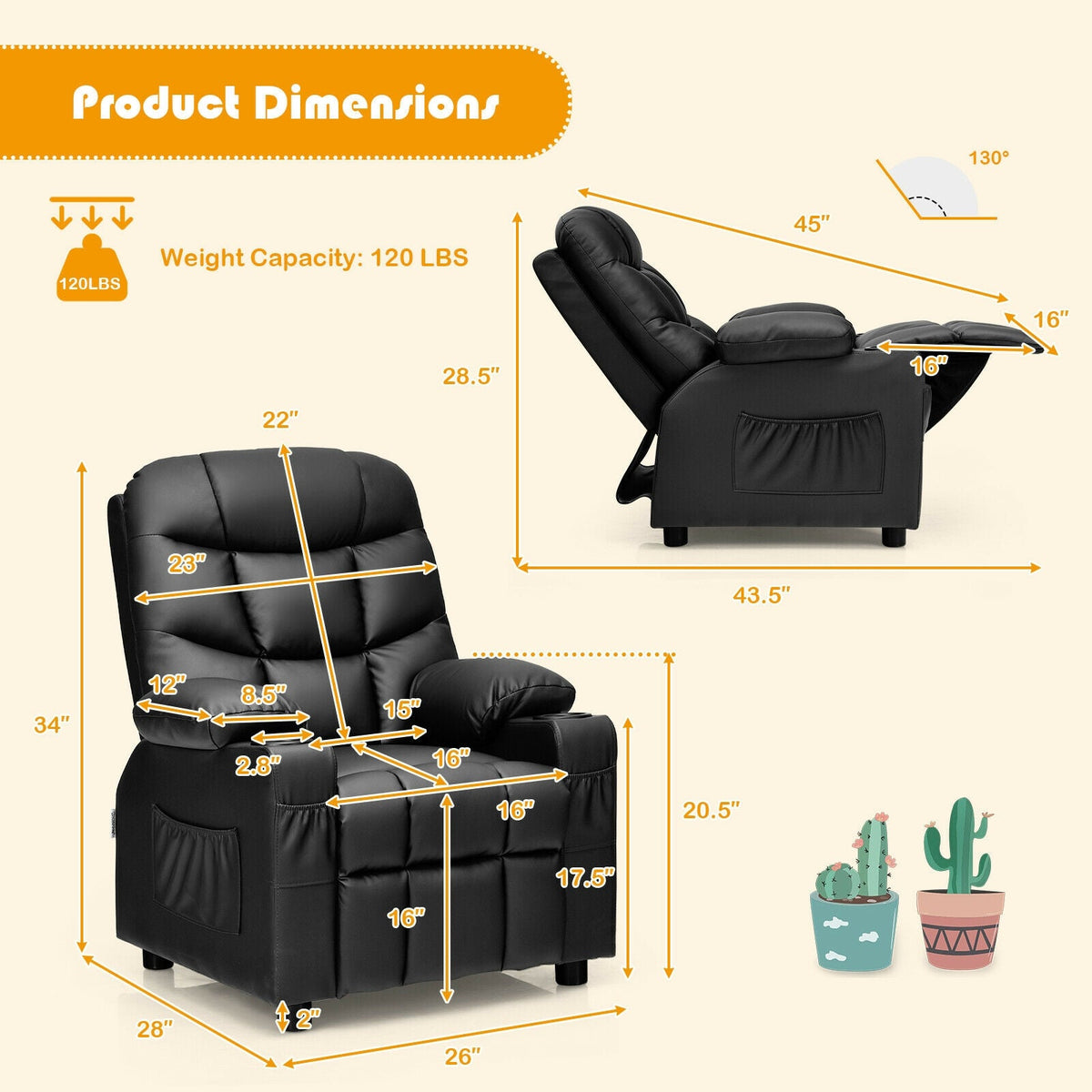 Kids Recliner Chair with Cup Holder and Footrest for Children 4
