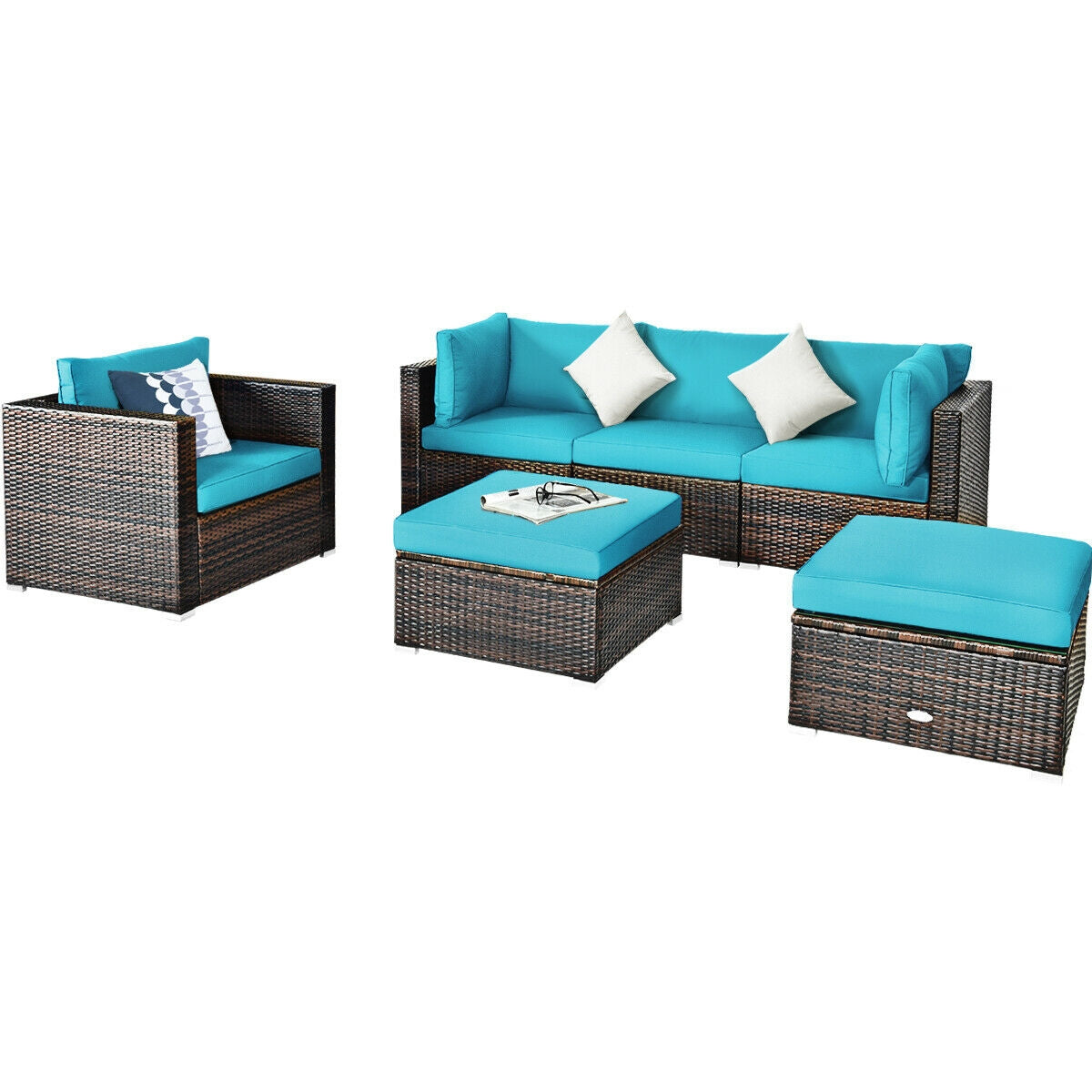 6 Pcs Patio Rattan Furniture Set with Sectional Cushion 9