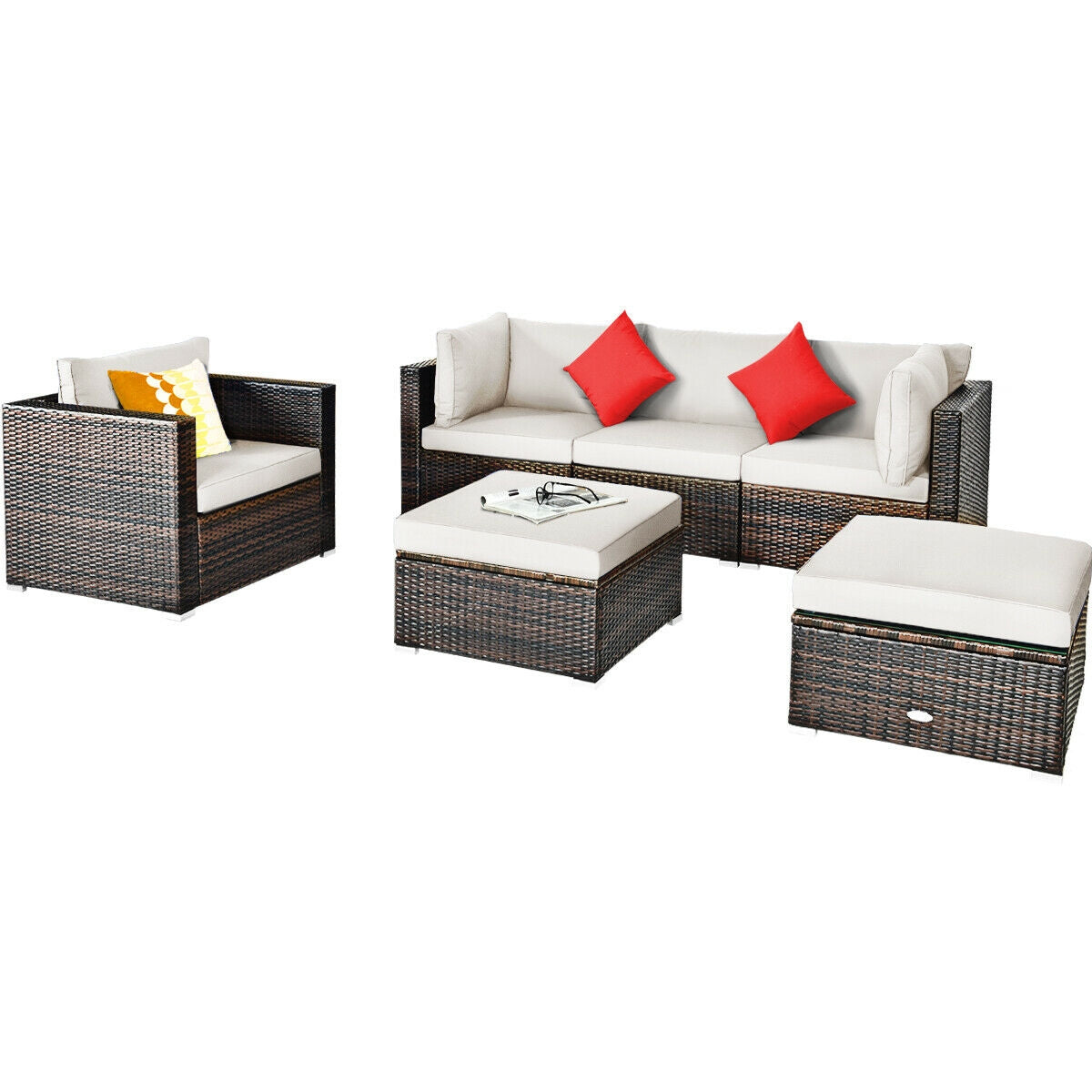 6 Pcs Patio Rattan Furniture Set with Sectional Cushion 10