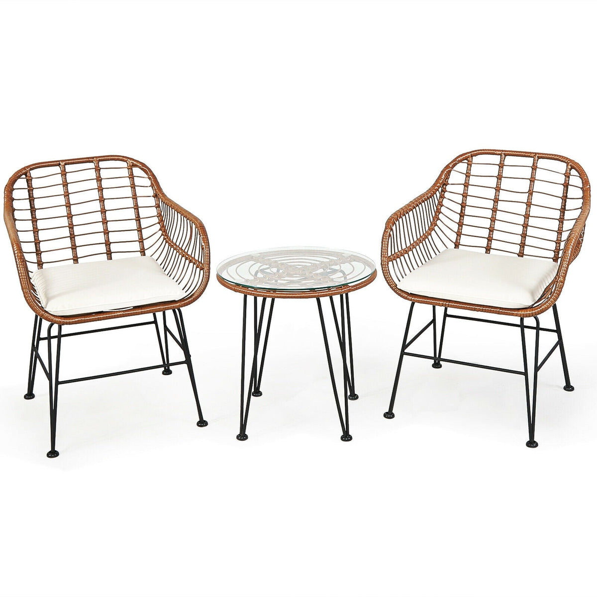 3-Piece Rattan Bistro Set with Cushions and Glass Table 3