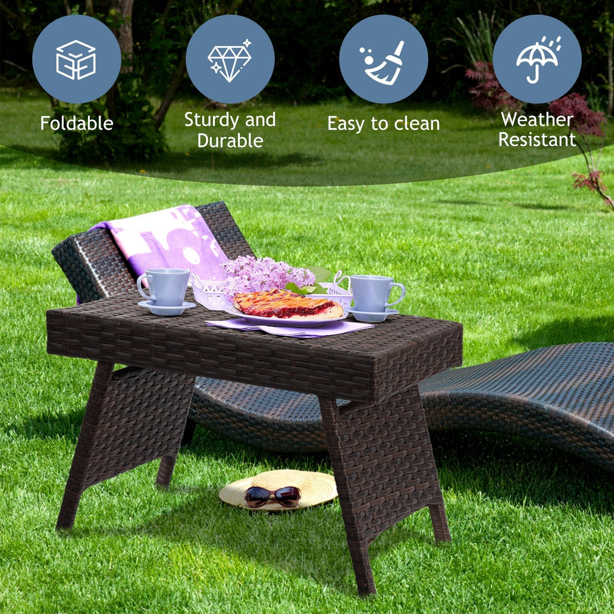 Folding PE Rattan Side Coffee Table Patio Garden Furniture 2