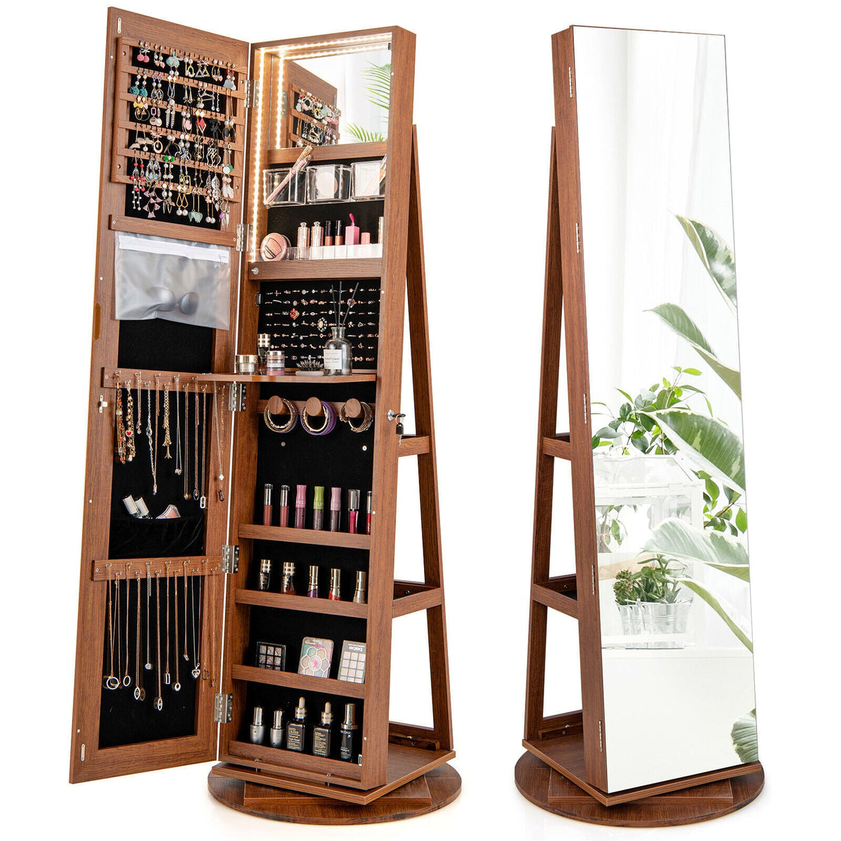 360° Rotating Mirrored Jewelry Cabinet Armoire 3 Color LED Modes Lockable 5