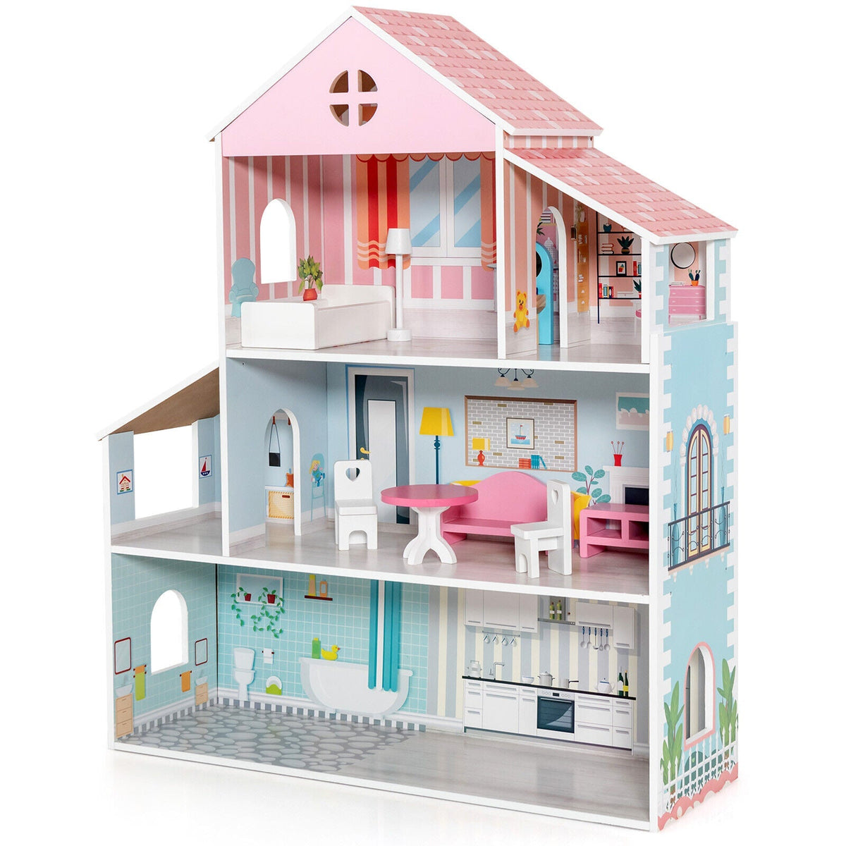 3-Tier Toddler Doll House with Furniture Gift for Age over 3 3