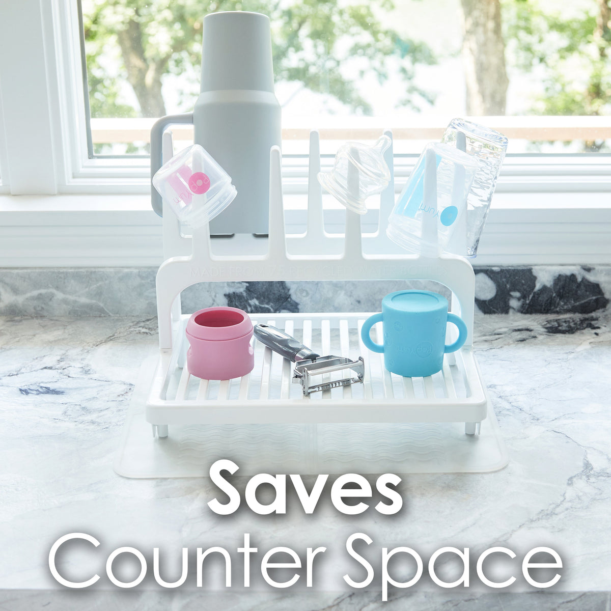 PopYum Glacier White Drying Rack from 100% Recycled Bottles with Silicone Drying Mat, countertop for Baby Bottles, Plastic Bags, Cups, Compact 12