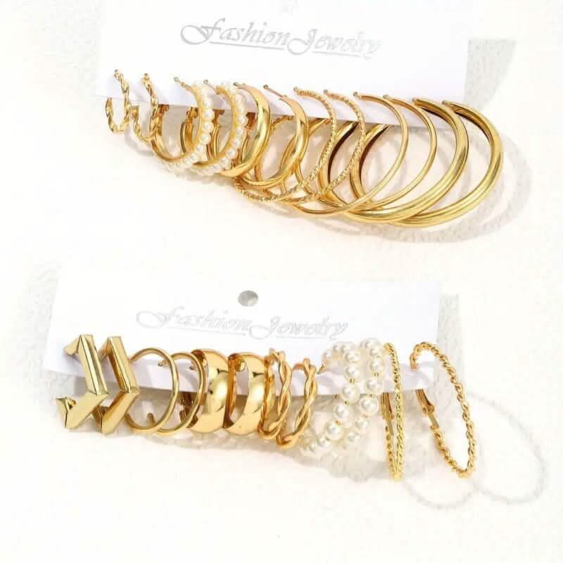 12-Pairs: Gold Hoop Earrings with Faux Pearl Decor Set 3
