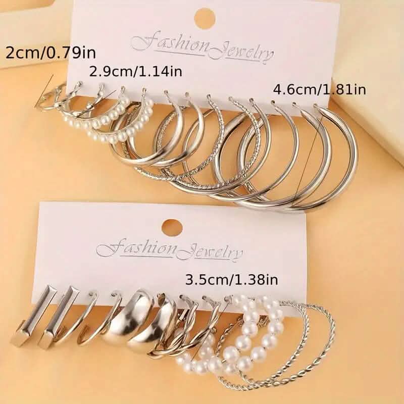 12-Pairs: Gold Hoop Earrings with Faux Pearl Decor Set 2
