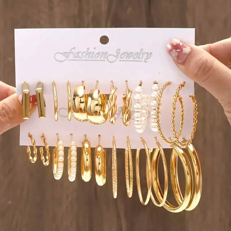 12-Pairs: Gold Hoop Earrings with Faux Pearl Decor Set 1
