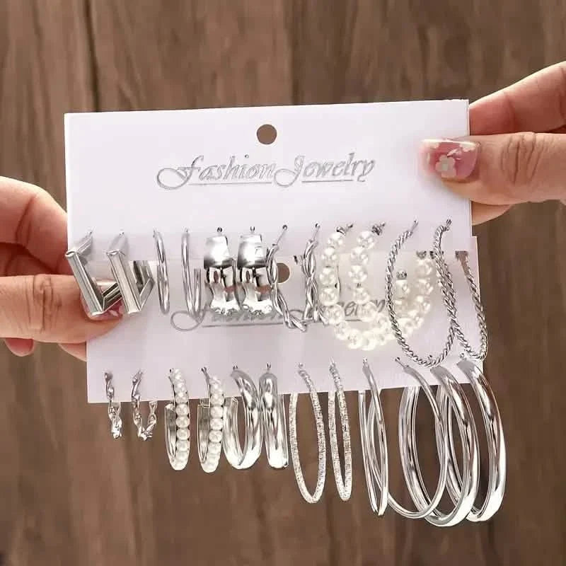 12-Pairs: Gold Hoop Earrings with Faux Pearl Decor Set 4