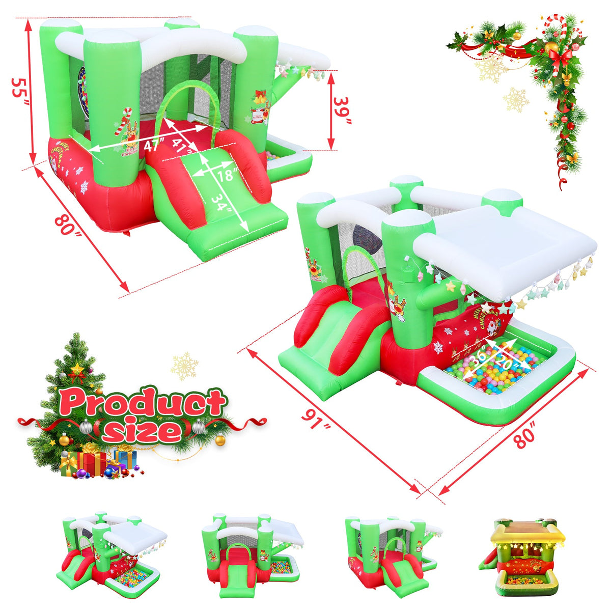 Christmas Jump 'n Slide Inflatable Bouncer for Kids Complete Setup with Blower - 80" x 91" Play Area - 55" Tall 2