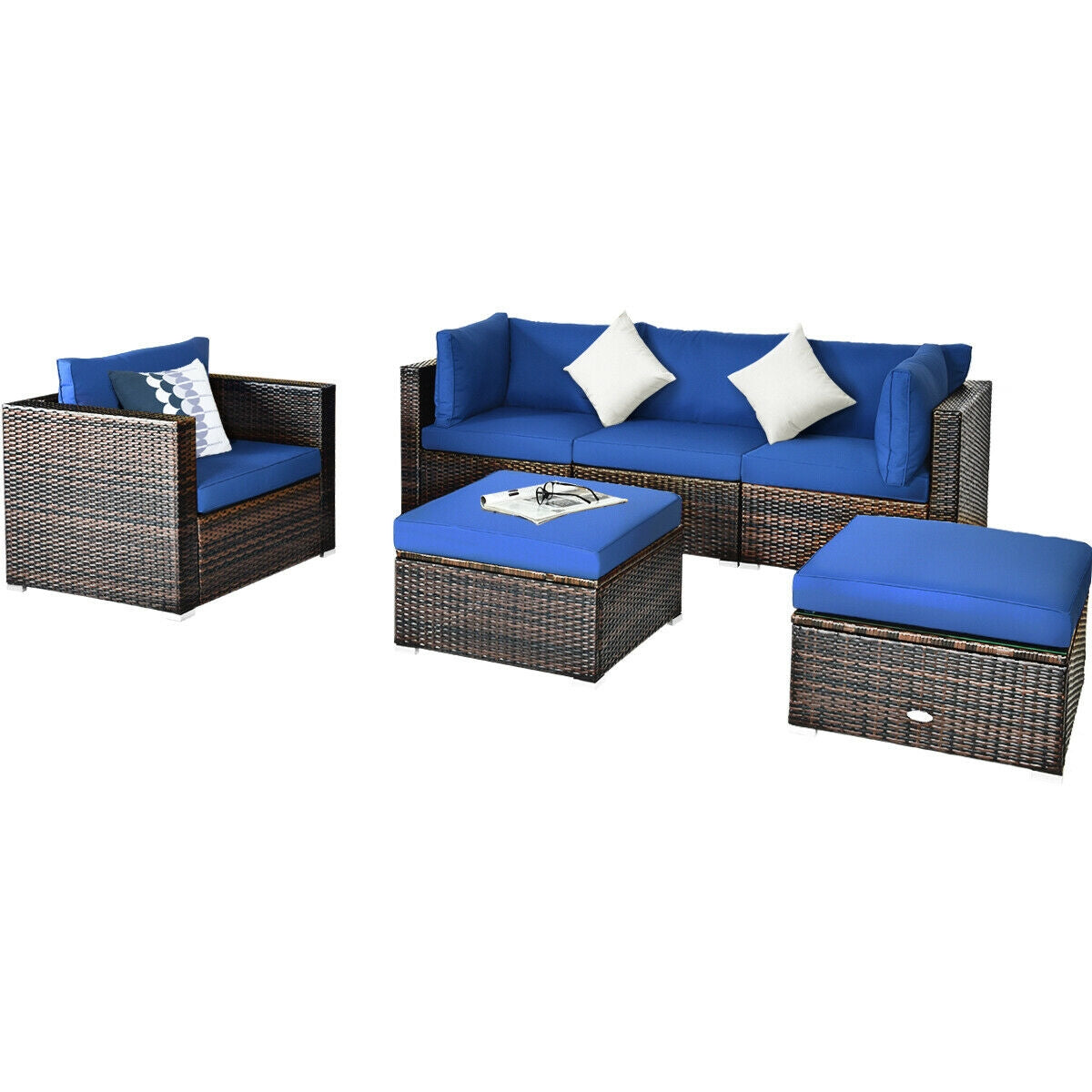 6 Pcs Patio Rattan Furniture Set with Sectional Cushion 11