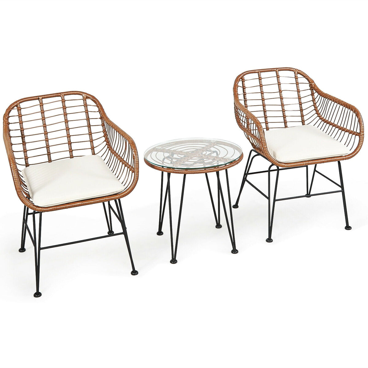 3-Piece Rattan Bistro Set with Cushions and Glass Table 4
