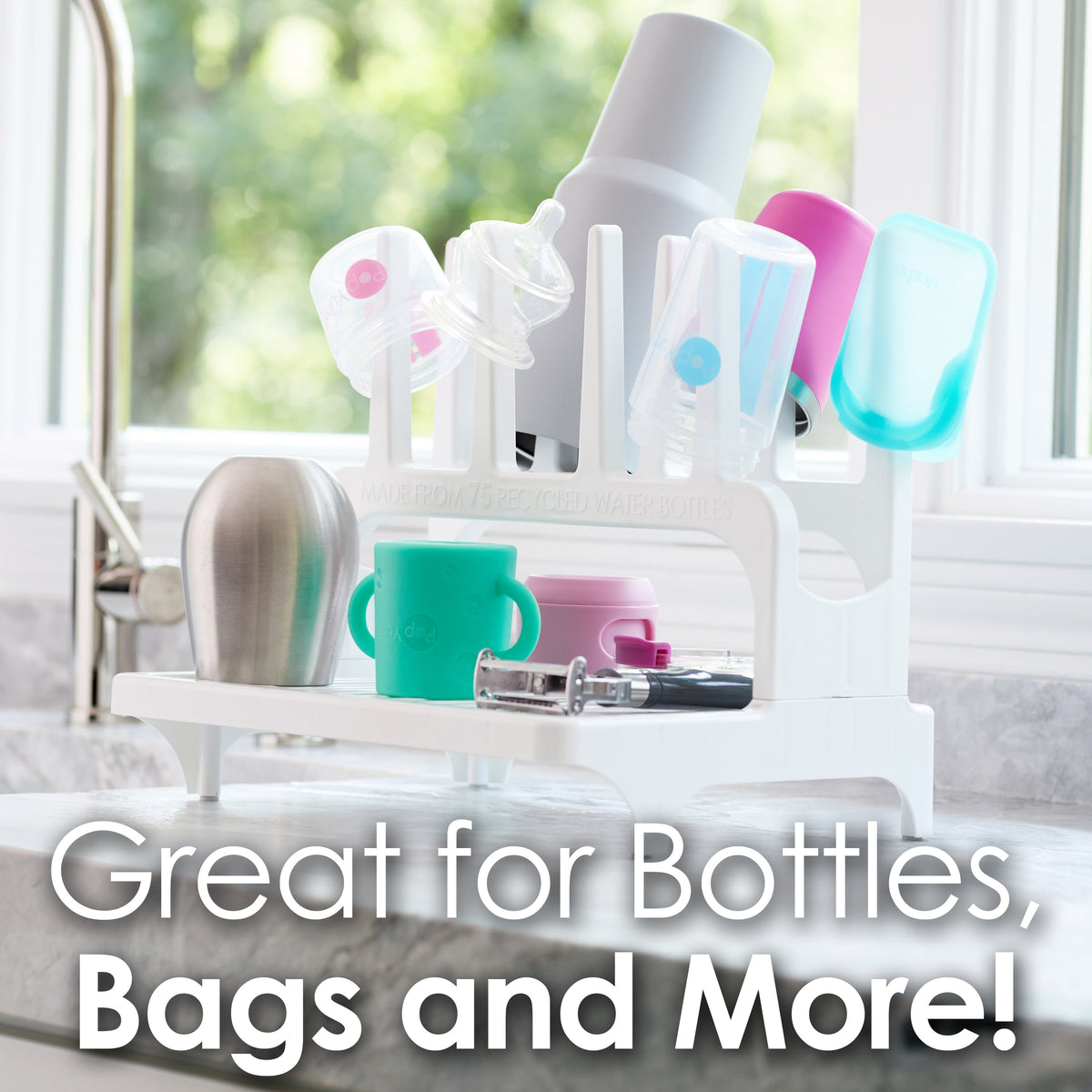 PopYum Glacier White Drying Rack from 100% Recycled Bottles with Silicone Drying Mat, countertop for Baby Bottles, Plastic Bags, Cups, Compact 3