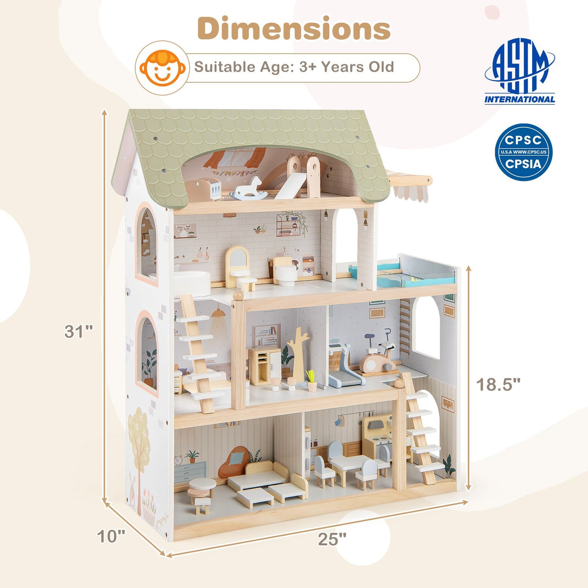 Wooden Dollhouse Kids DIY Pretend Playhouse with 33 PCS Furniture Accessories-Green 5